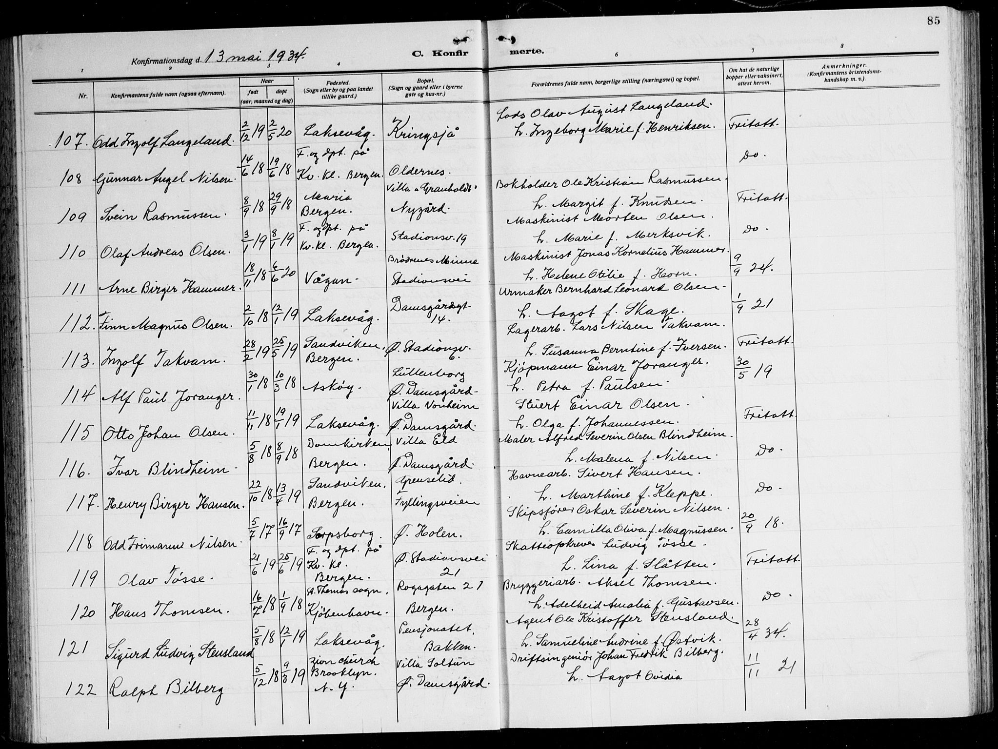 Laksevåg Sokneprestembete, AV/SAB-A-76501/H/Ha/Hab/Haba: Klokkerbok nr. A 10, 1925-1942, s. 85