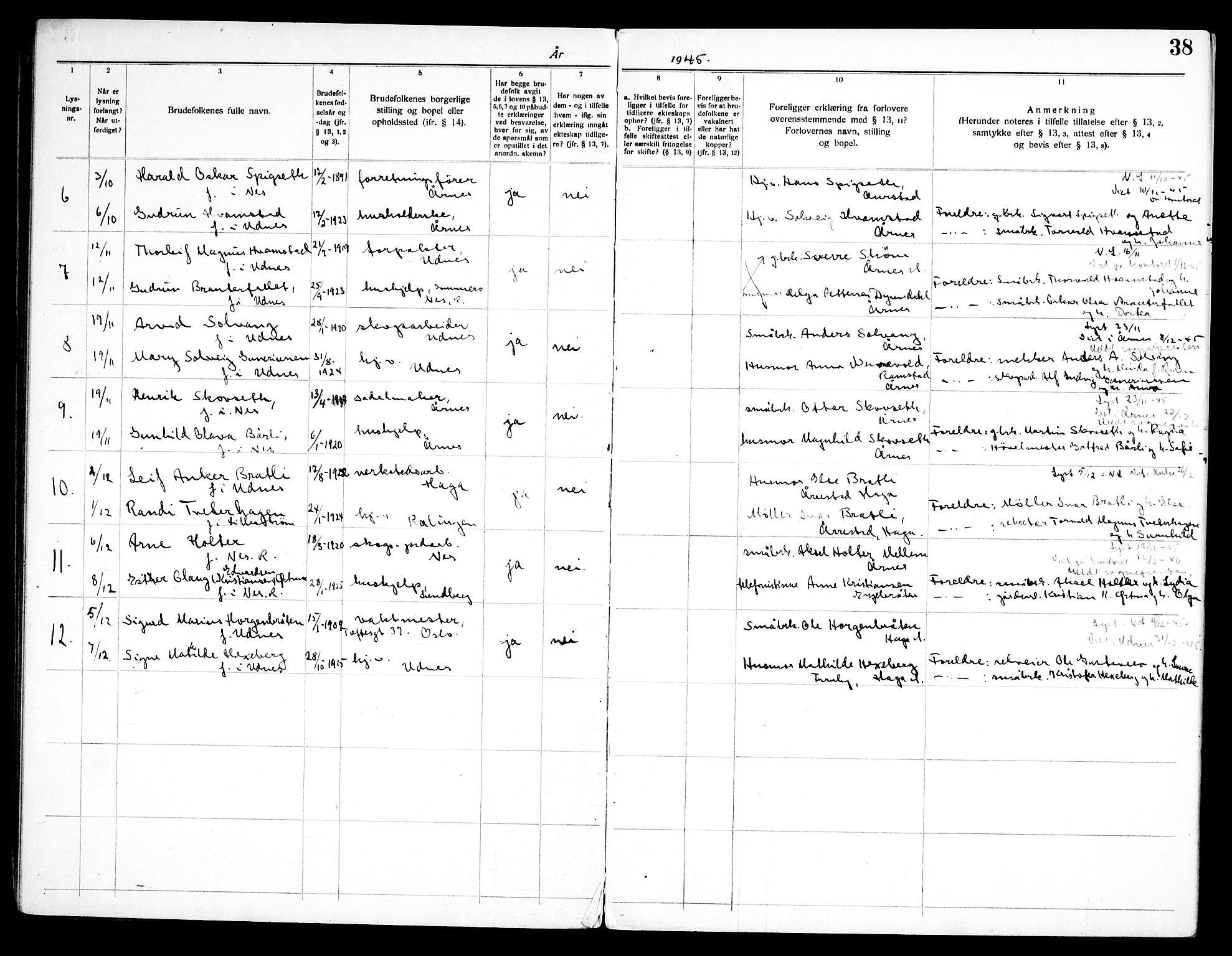 Nes prestekontor Kirkebøker, AV/SAO-A-10410/H/L0004: Lysningsprotokoll nr. 4, 1920-1961, s. 38