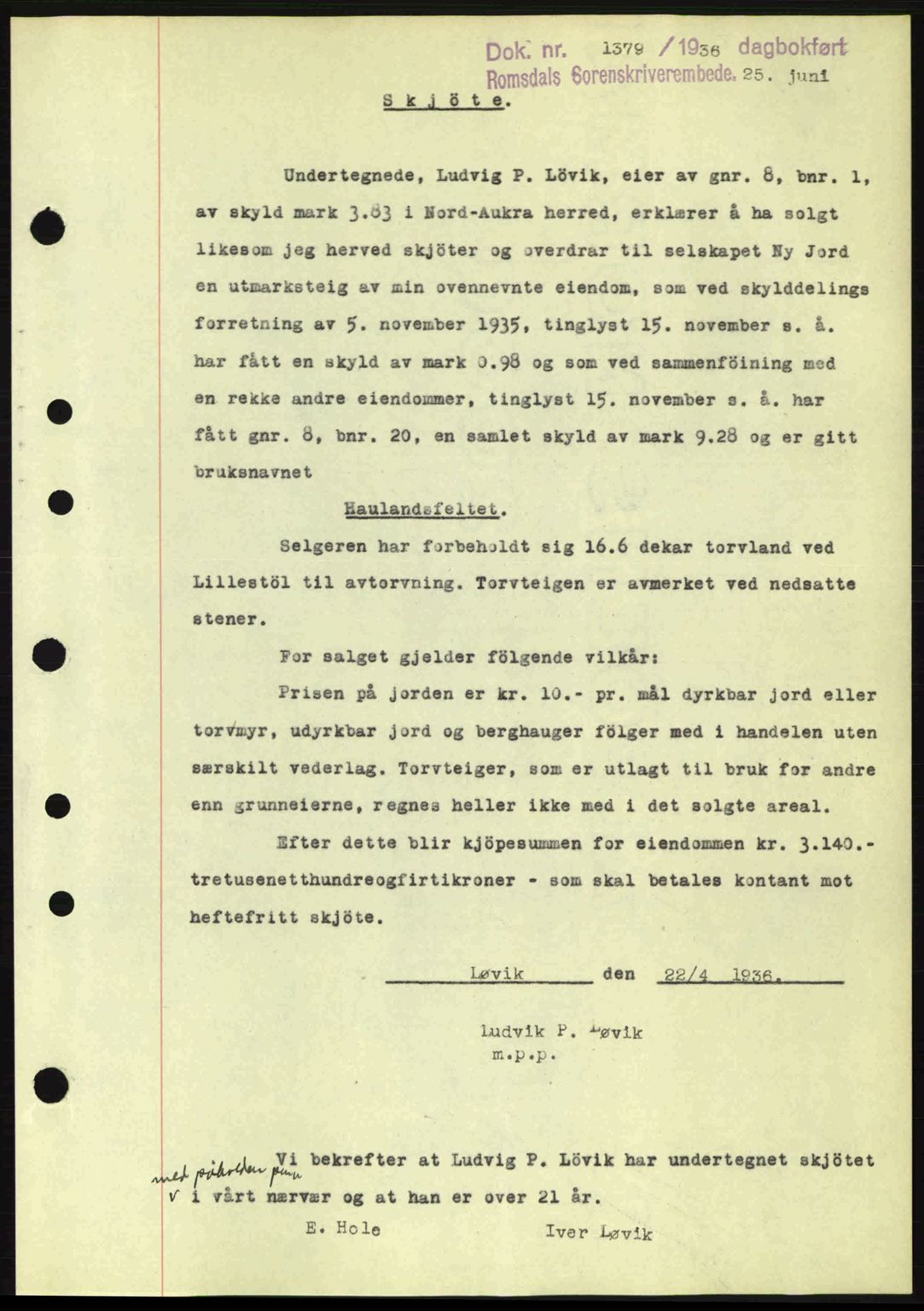 Romsdal sorenskriveri, SAT/A-4149/1/2/2C: Pantebok nr. A1, 1936-1936, Dagboknr: 1379/1936