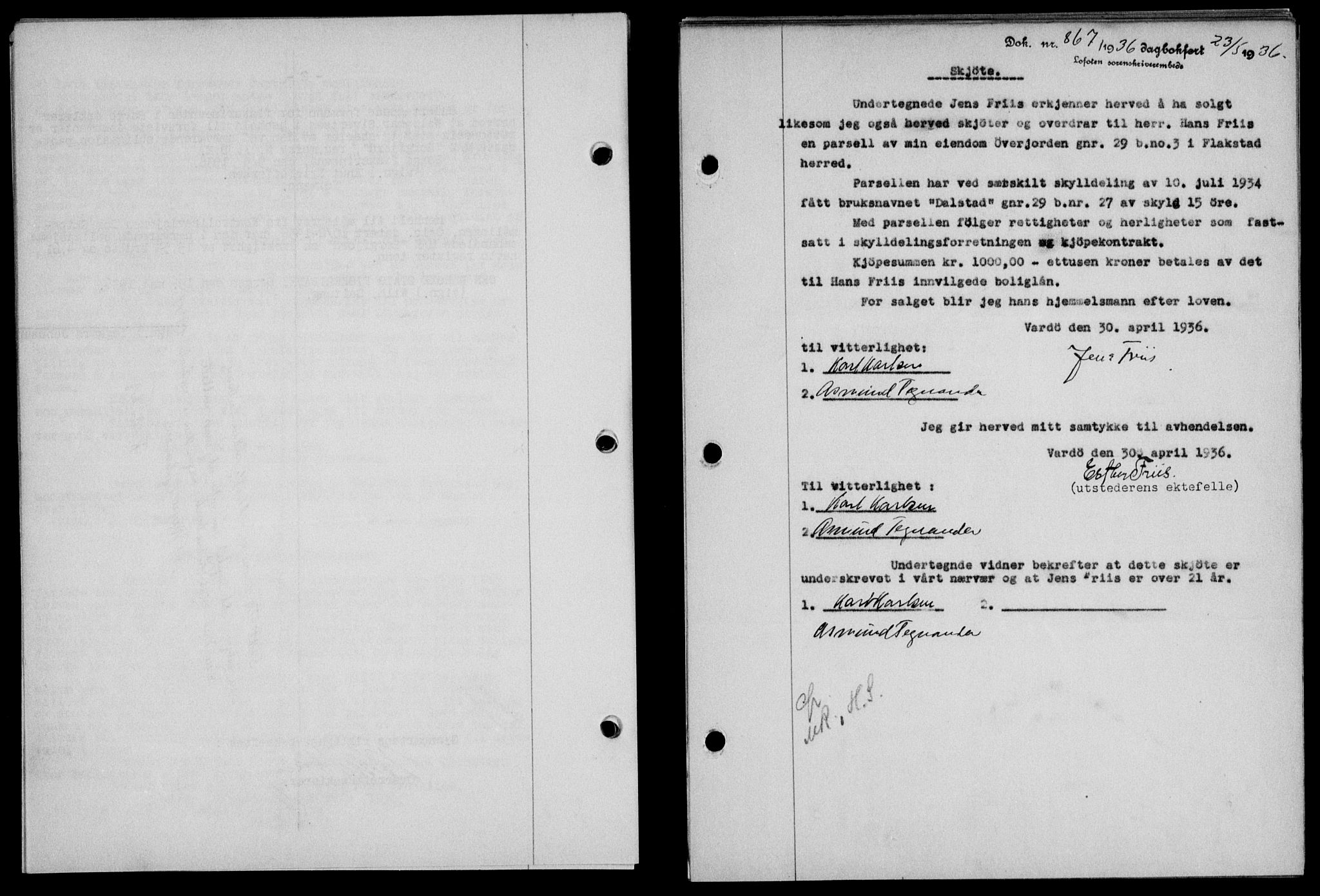 Lofoten sorenskriveri, SAT/A-0017/1/2/2C/L0033b: Pantebok nr. 33b, 1936-1936, Dagboknr: 867/1936