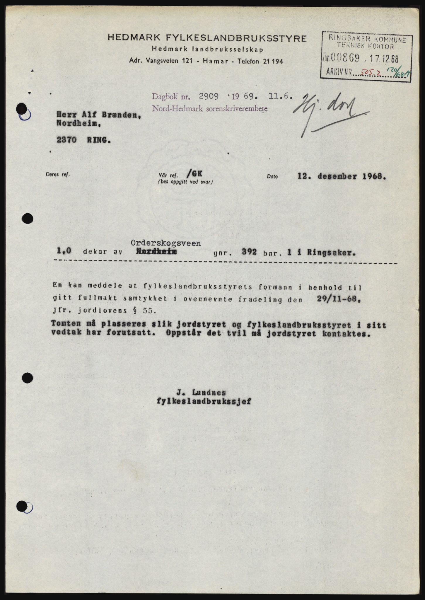 Nord-Hedmark sorenskriveri, SAH/TING-012/H/Hc/L0030: Pantebok nr. 30, 1969-1969, Dagboknr: 2909/1969