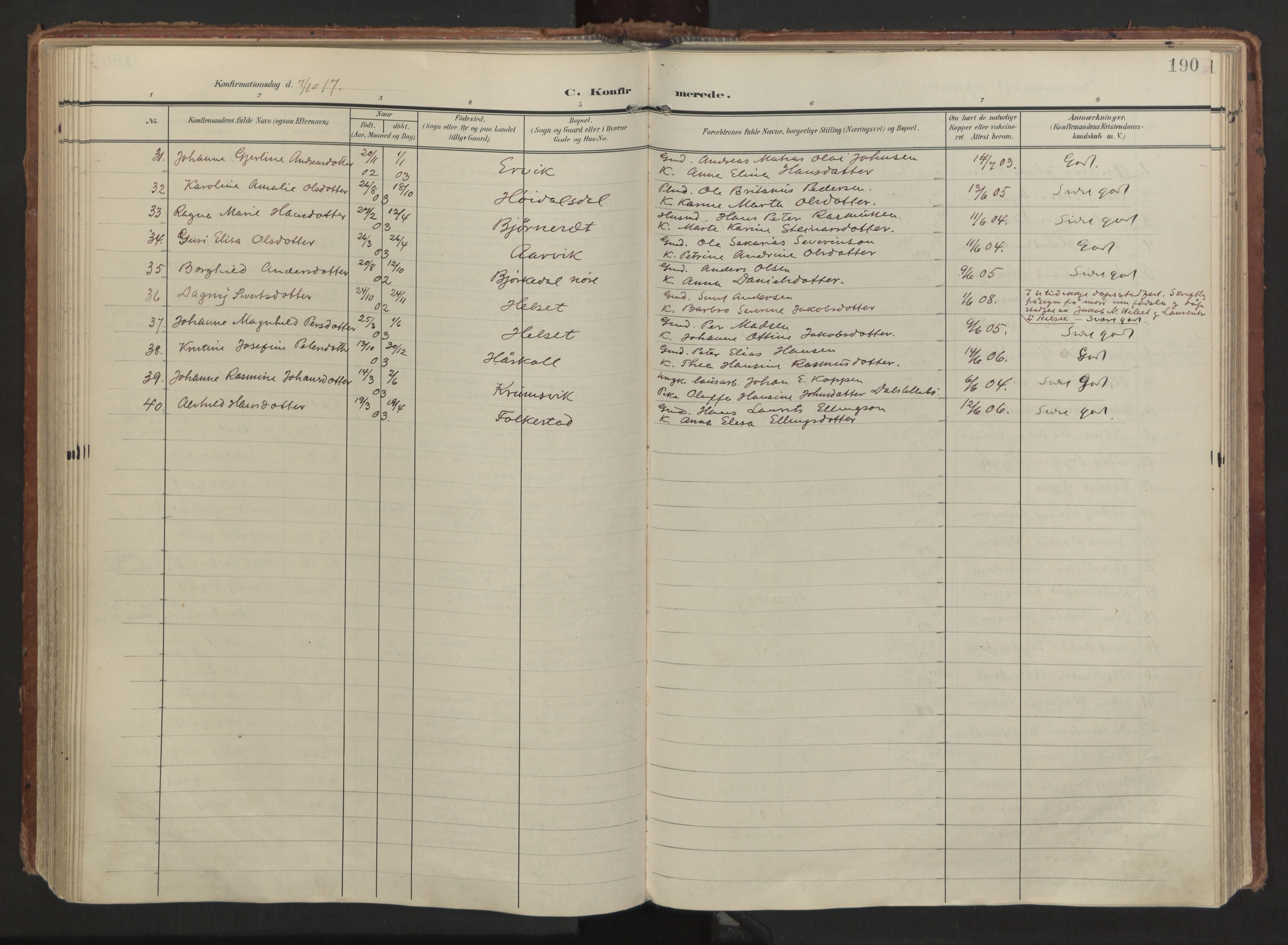 Ministerialprotokoller, klokkerbøker og fødselsregistre - Møre og Romsdal, AV/SAT-A-1454/511/L0144: Ministerialbok nr. 511A11, 1906-1923, s. 190