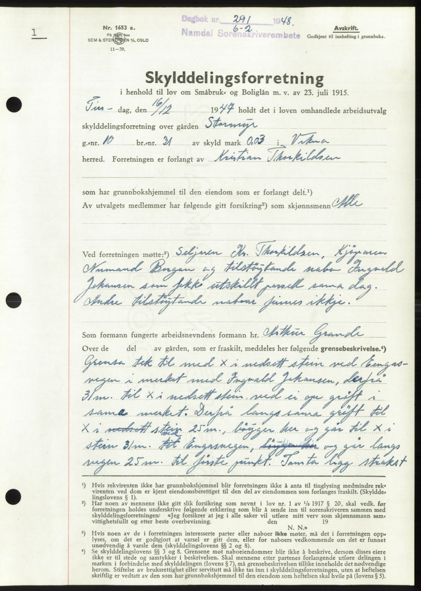 Namdal sorenskriveri, SAT/A-4133/1/2/2C: Pantebok nr. -, 1947-1948, Dagboknr: 291/1948