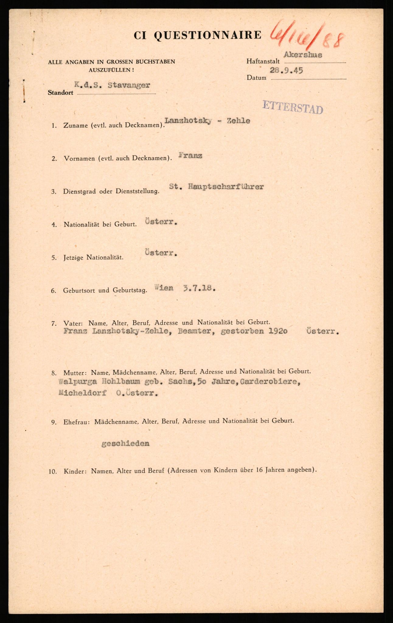 Forsvaret, Forsvarets overkommando II, RA/RAFA-3915/D/Db/L0039: CI Questionaires. Tyske okkupasjonsstyrker i Norge. Østerrikere., 1945-1946, s. 253