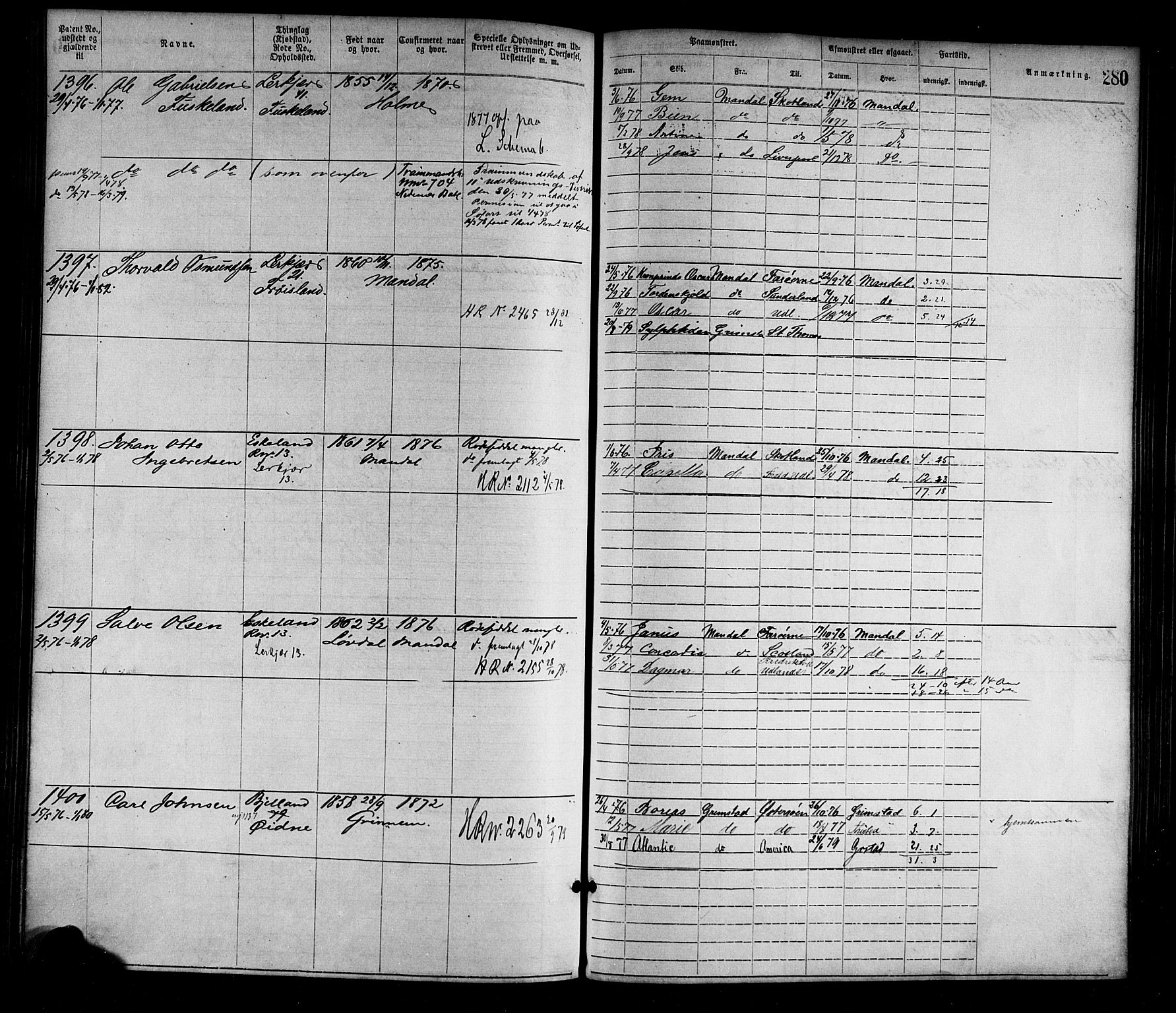 Mandal mønstringskrets, SAK/2031-0016/F/Fa/L0001: Annotasjonsrulle nr 1-1920 med register, L-3, 1869-1881, s. 317