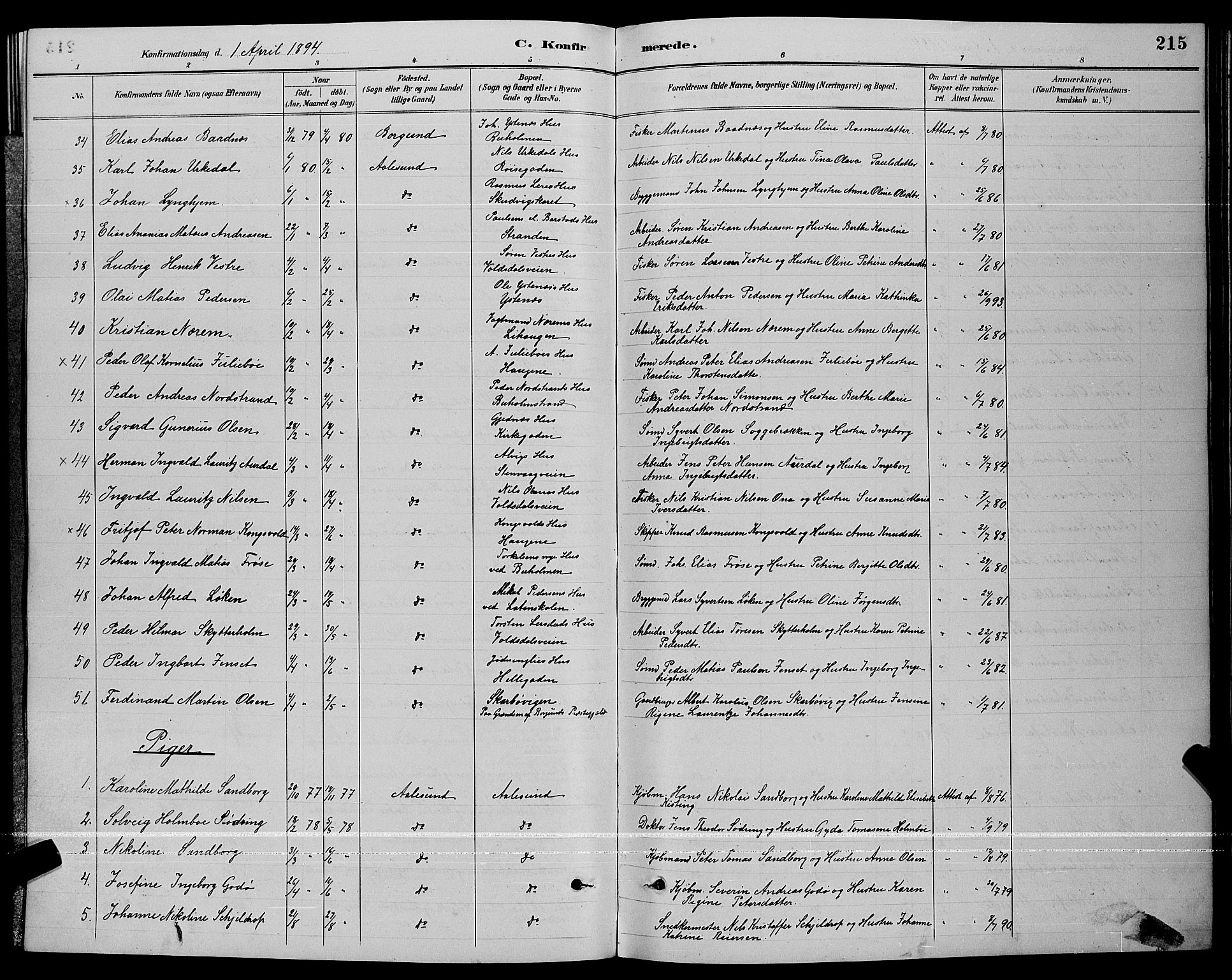 Ministerialprotokoller, klokkerbøker og fødselsregistre - Møre og Romsdal, AV/SAT-A-1454/529/L0467: Klokkerbok nr. 529C04, 1889-1897, s. 215