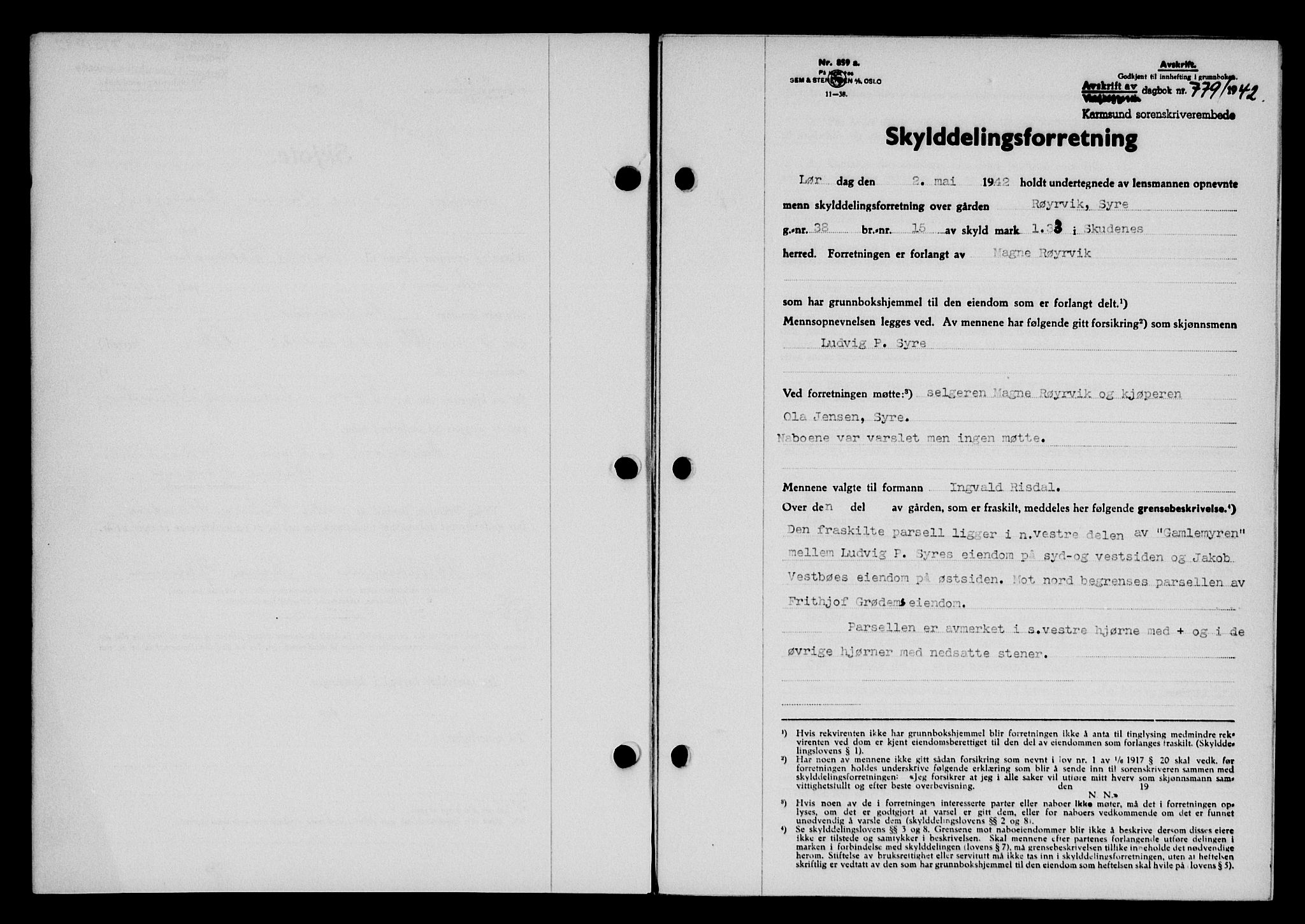 Karmsund sorenskriveri, SAST/A-100311/01/II/IIB/L0077: Pantebok nr. 58A, 1942-1942, Dagboknr: 779/1942