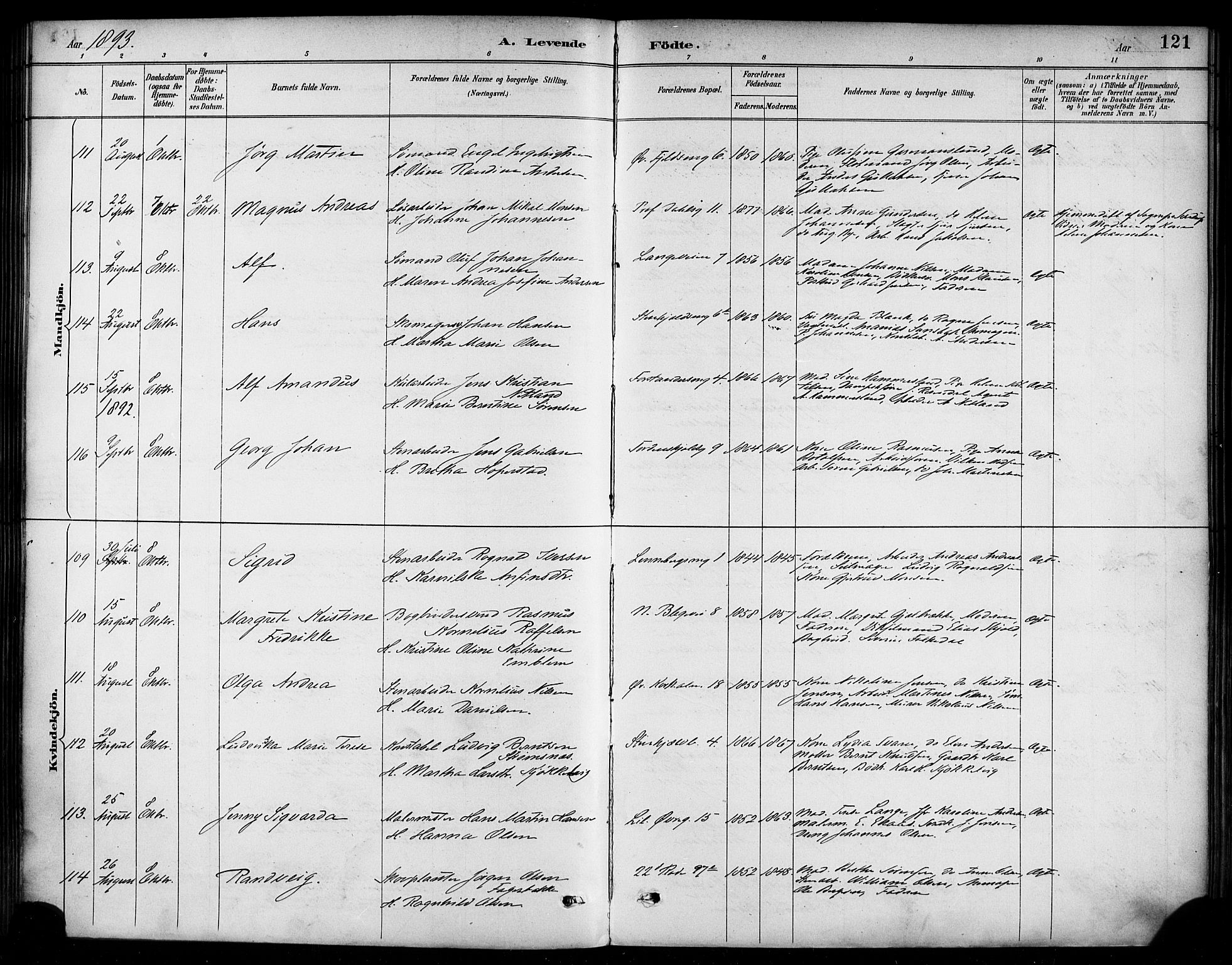 Korskirken sokneprestembete, AV/SAB-A-76101/H/Haa/L0022: Ministerialbok nr. B 8, 1889-1899, s. 121