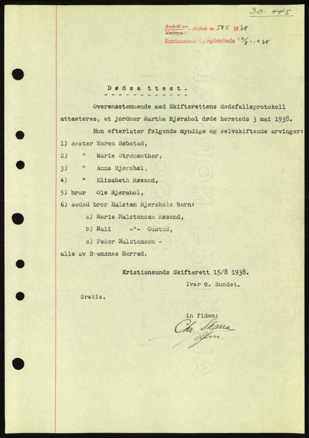 Kristiansund byfogd, AV/SAT-A-4587/A/27: Pantebok nr. 30, 1936-1941, Dagboknr: 585/1938
