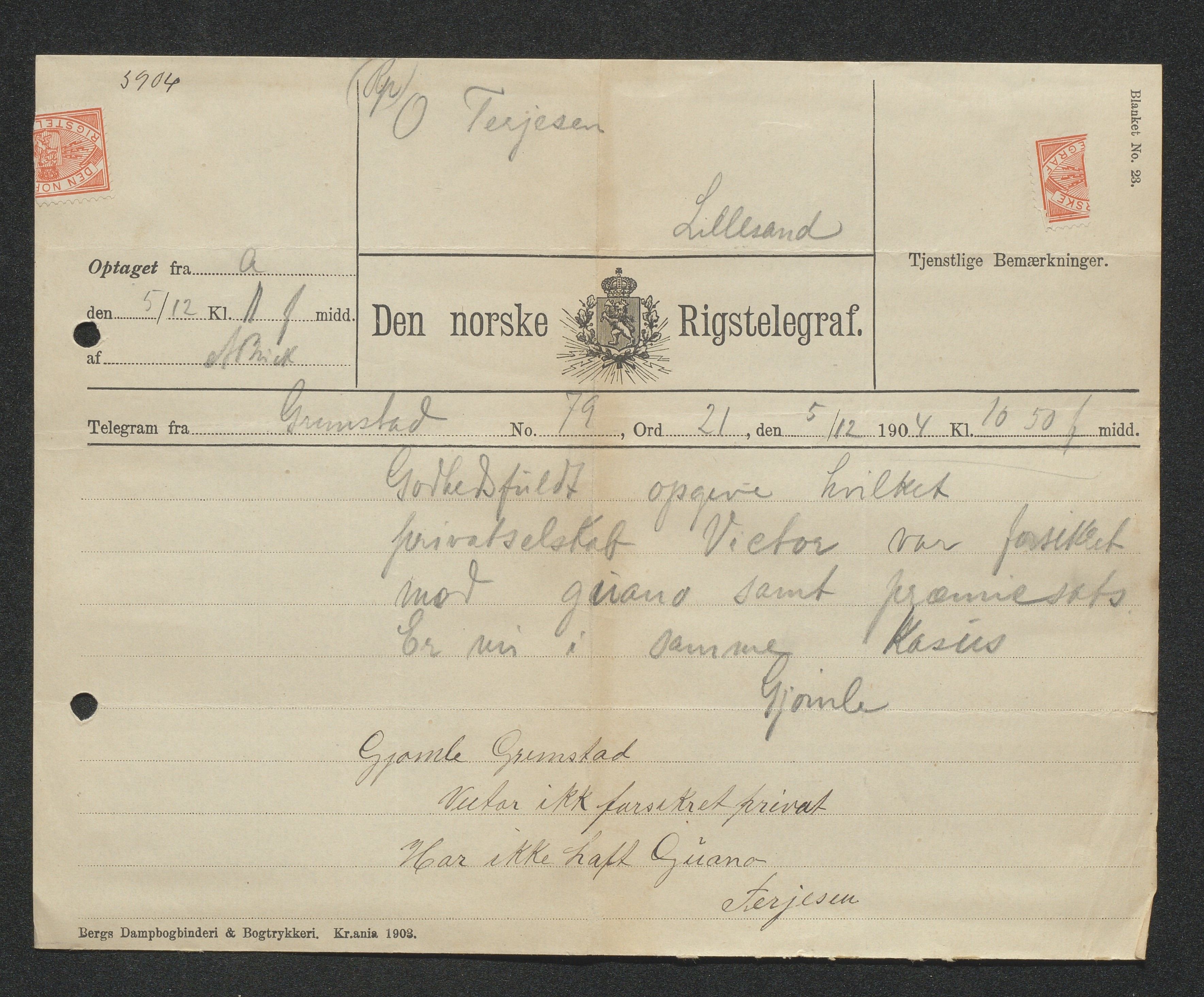 O. Terjesens rederi, AAKS/PA-2525/E/E01/L0013: Korrespondanse, 1904-1905