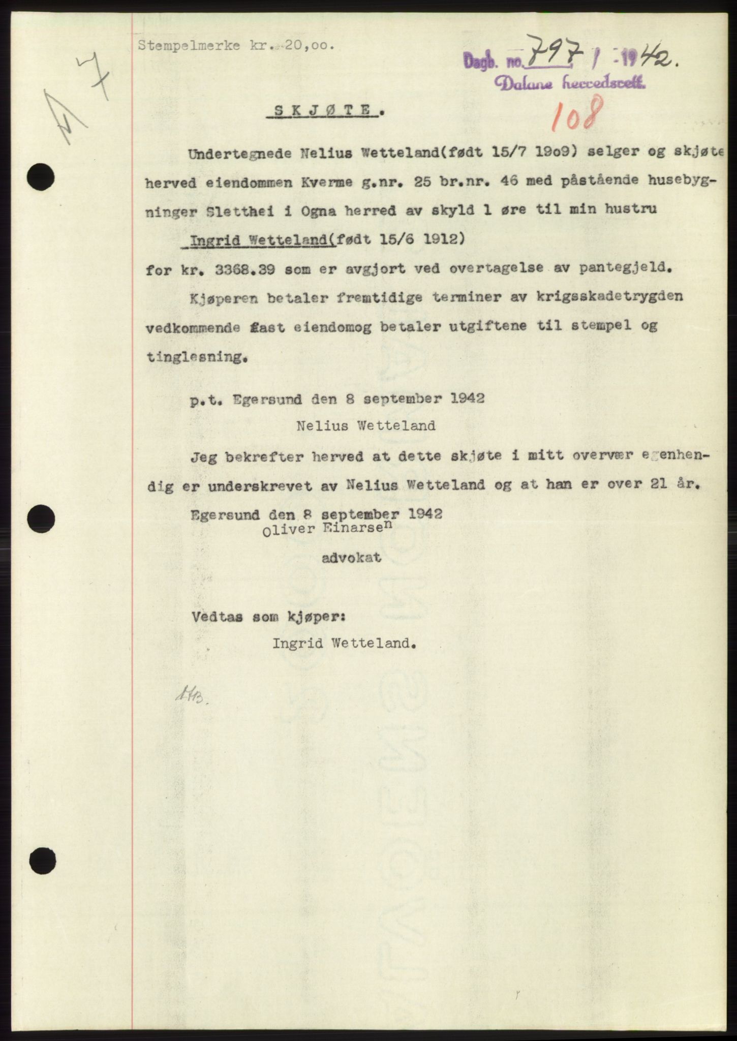 Dalane sorenskriveri, SAST/A-100309/02/G/Gb/L0058: Pantebok, 1926-1950, Tingl.dato: 08.09.1942