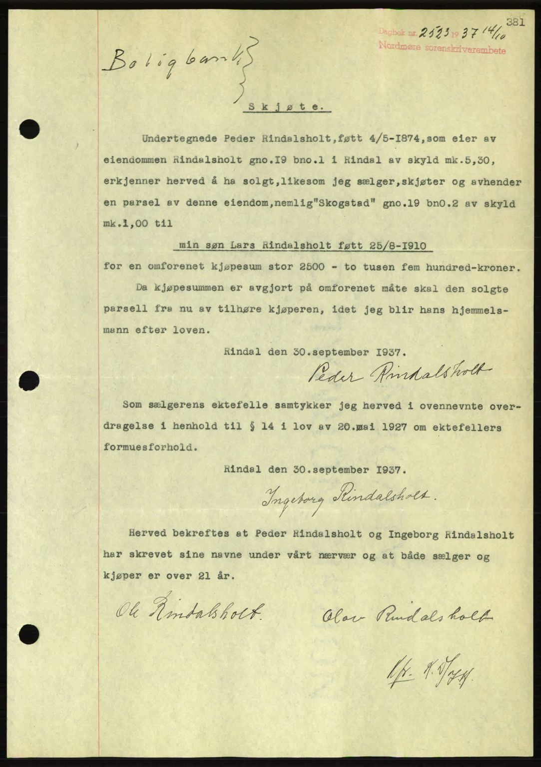 Nordmøre sorenskriveri, SAT/A-4132/1/2/2Ca: Pantebok nr. A82, 1937-1938, Dagboknr: 2523/1937