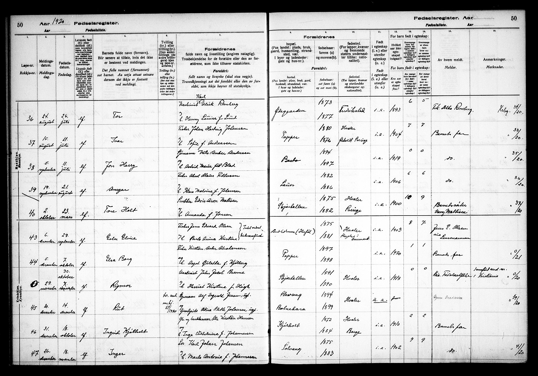 Hvaler prestekontor Kirkebøker, AV/SAO-A-2001/J/Ja/L0001: Fødselsregister nr. I 1, 1916-1938, s. 50