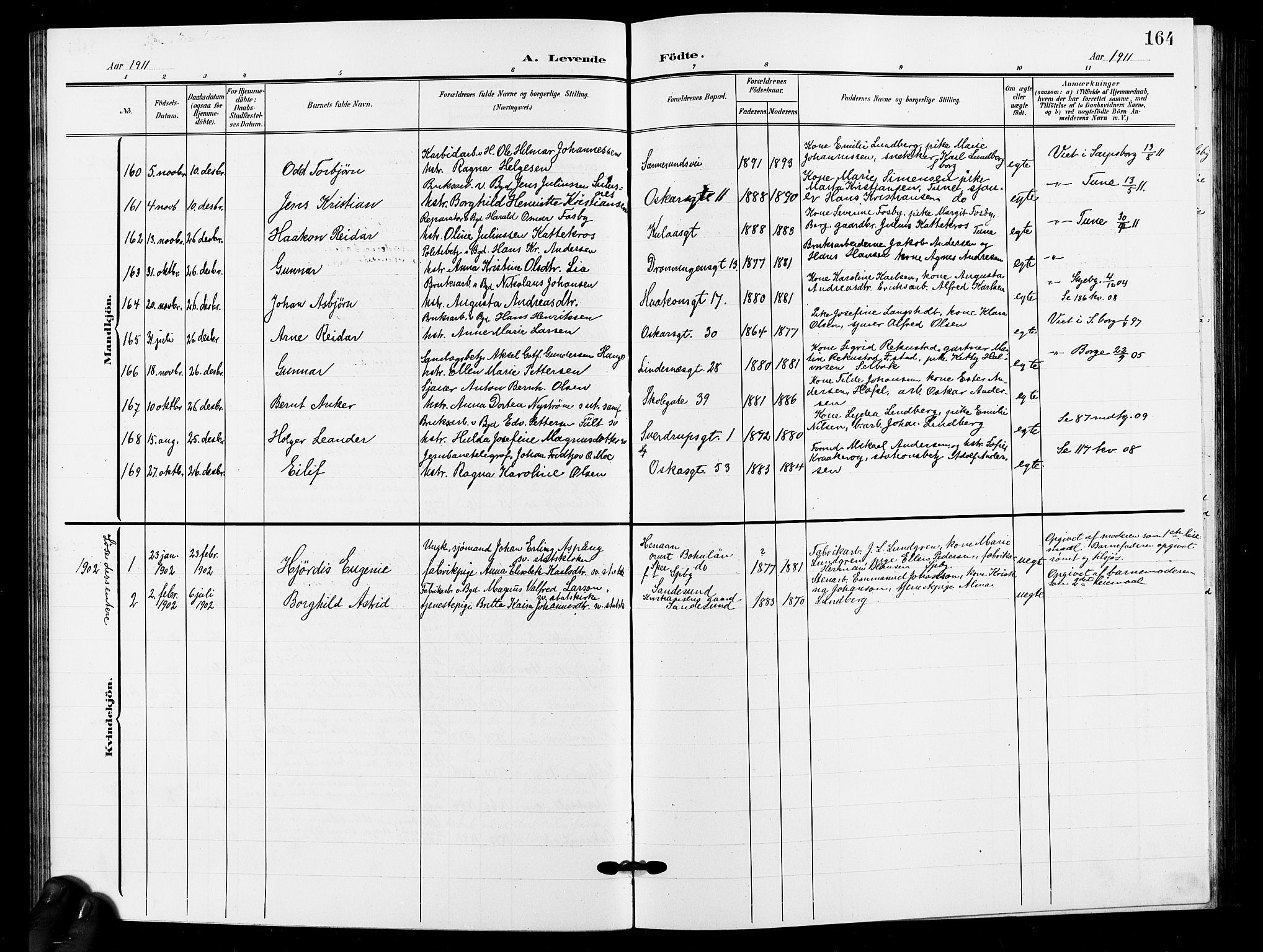 Sarpsborg prestekontor Kirkebøker, AV/SAO-A-2006/G/Ga/L0001: Klokkerbok nr. 1, 1902-1911, s. 164