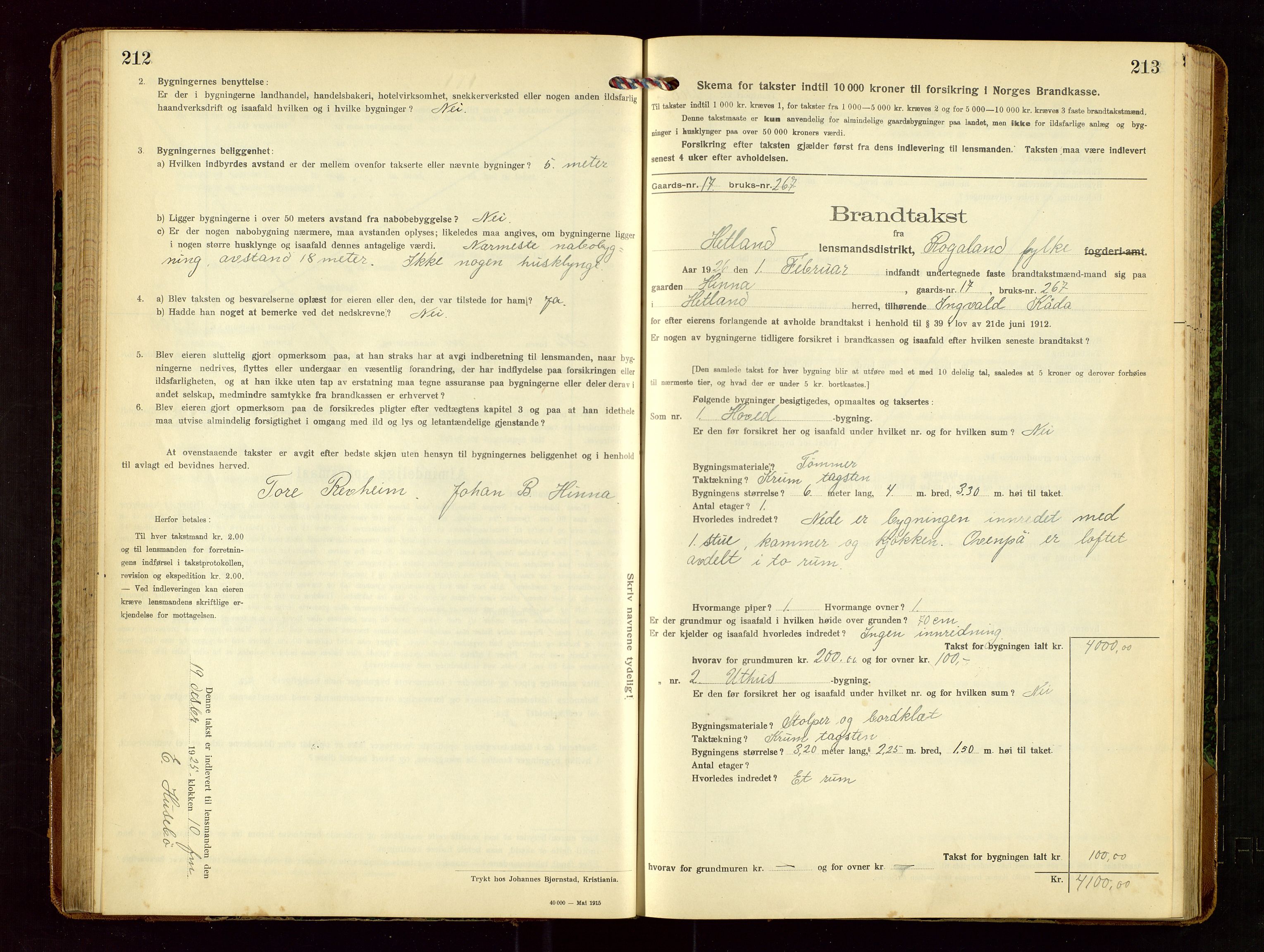 Hetland lensmannskontor, SAST/A-100101/Gob/L0002: "Brandtakstprotokol", 1918-1932, s. 212-213