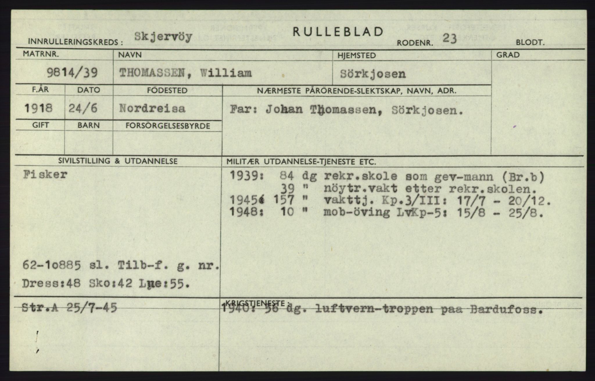 Forsvaret, Troms infanteriregiment nr. 16, AV/RA-RAFA-3146/P/Pa/L0023: Rulleblad for regimentets menige mannskaper, årsklasse 1939, 1939, s. 1305