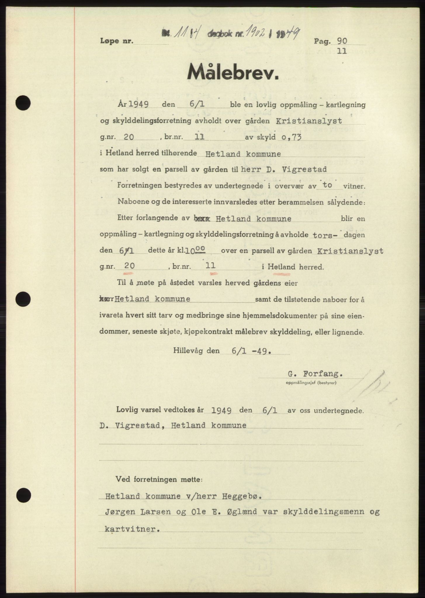 Jæren sorenskriveri, SAST/A-100310/03/G/Gba/L0102: Pantebok, 1949-1949, Dagboknr: 1902/1949