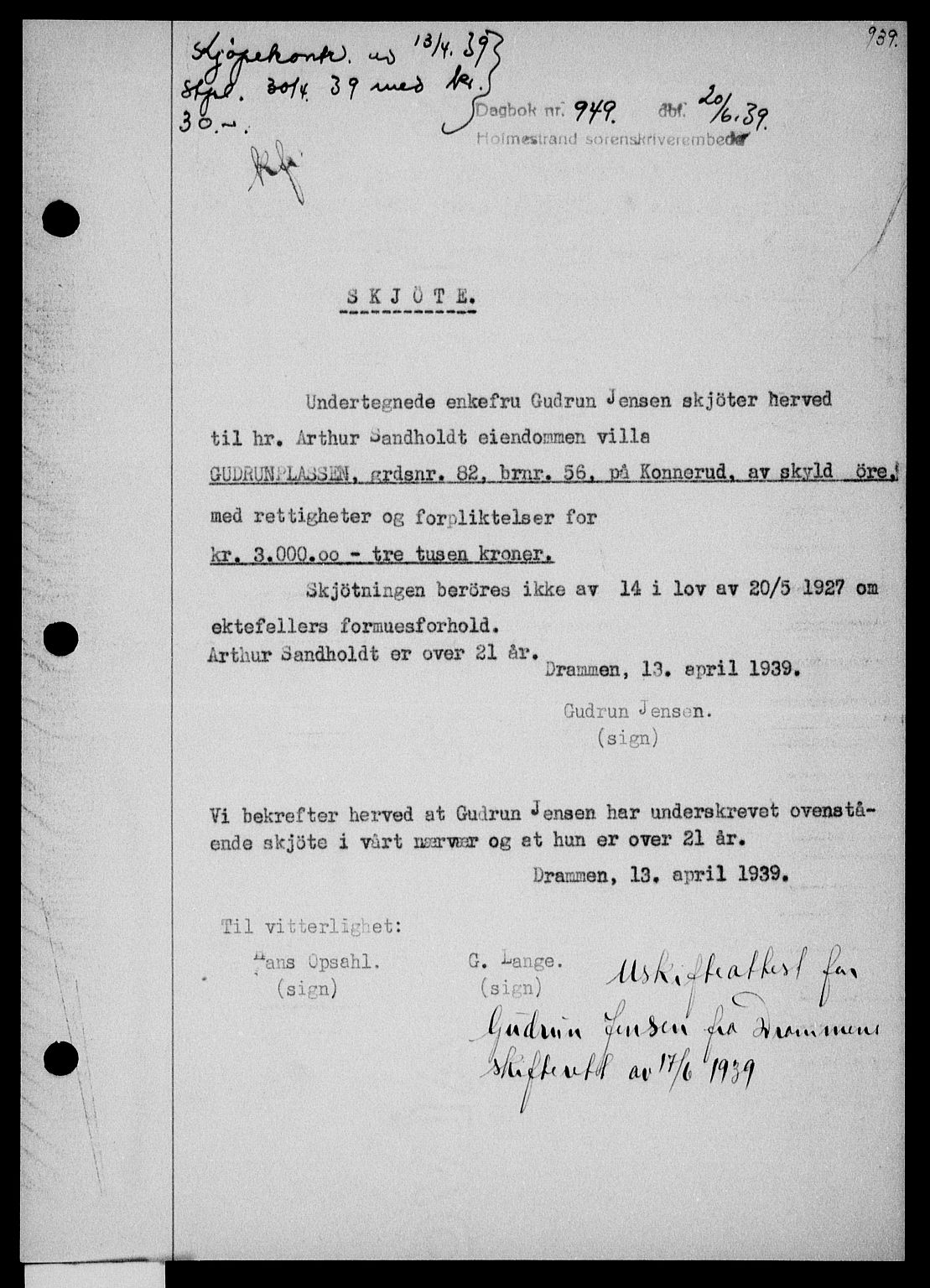 Holmestrand sorenskriveri, SAKO/A-67/G/Ga/Gaa/L0050: Pantebok nr. A-50, 1938-1939, Dagboknr: 949/1939