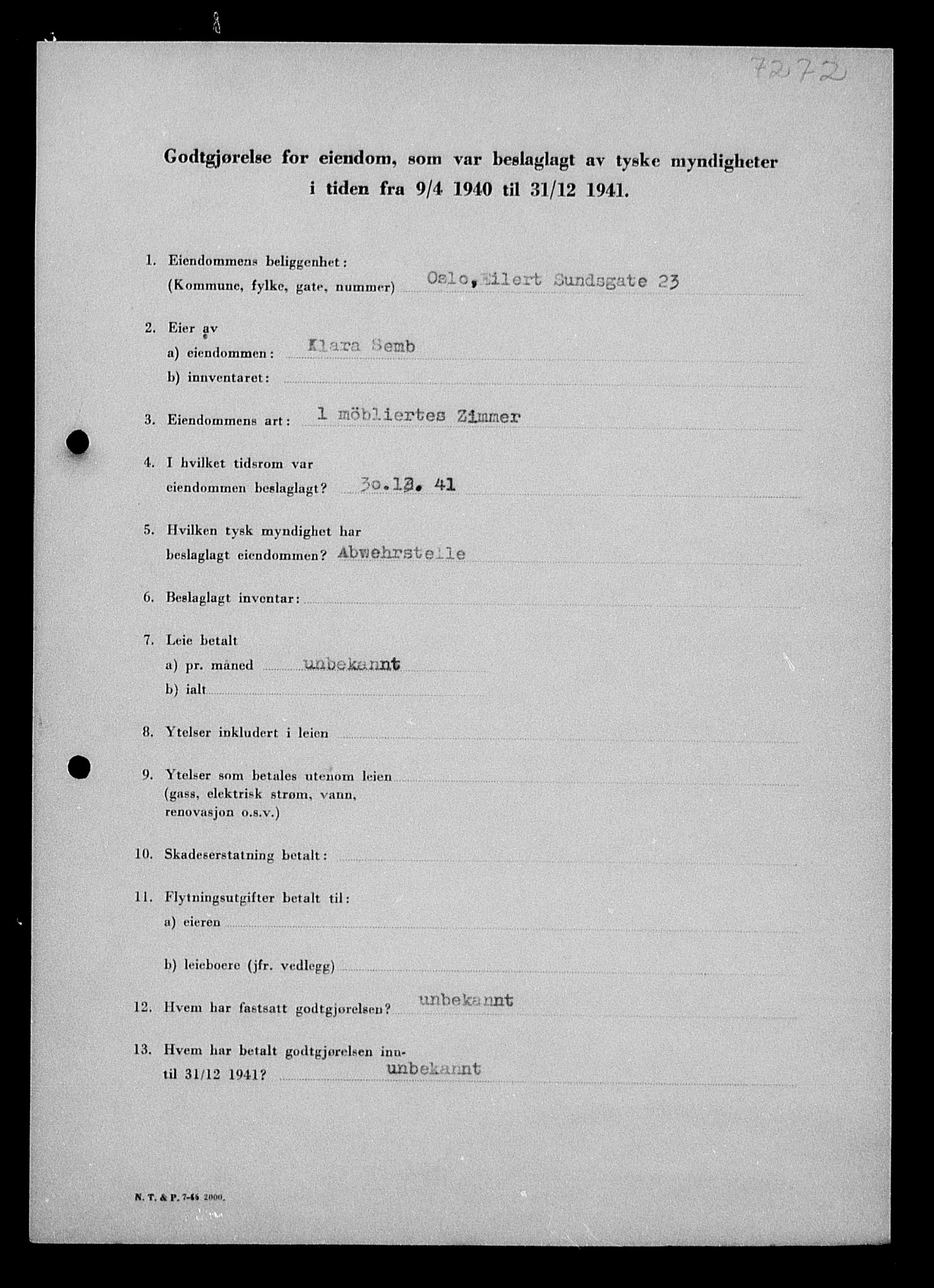 Justisdepartementet, Tilbakeføringskontoret for inndratte formuer, RA/S-1564/I/L1011: Godtgjørelse for beslaglagt eiendom, 1940-1941, s. 553