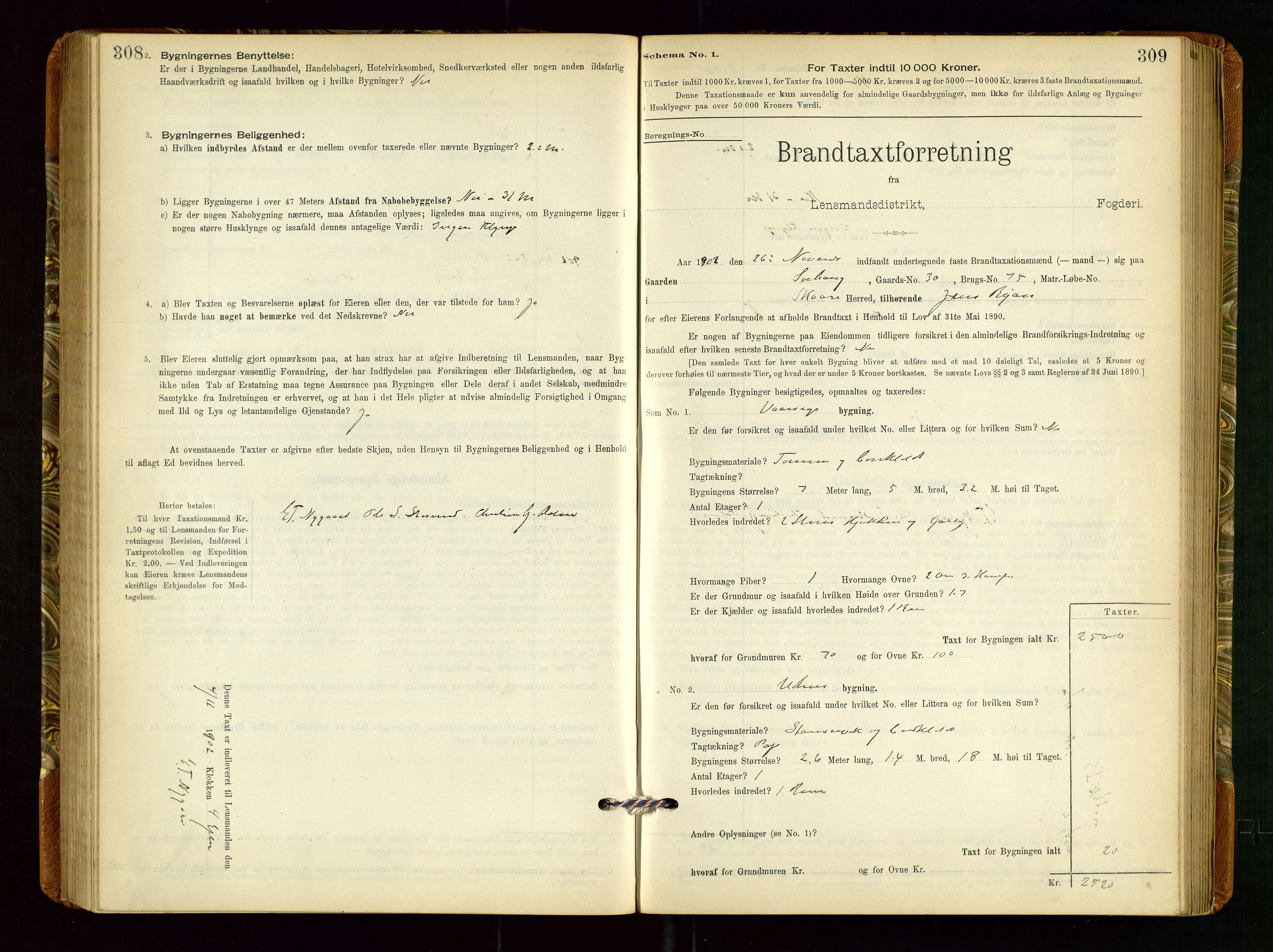 Torvestad lensmannskontor, AV/SAST-A-100307/1/Gob/L0002: "Brandtakstprotokol for Lensmanden i Torvestad", 1900-1905, s. 308-309