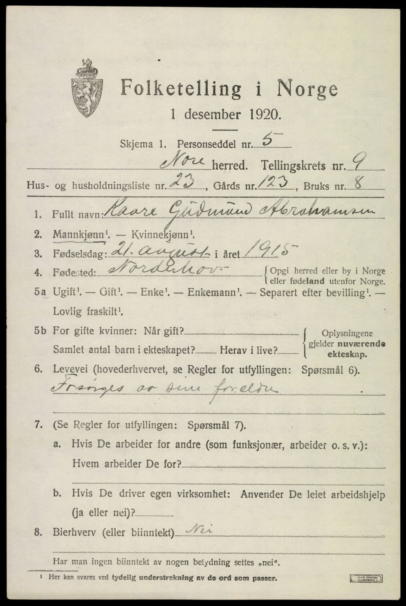 SAKO, Folketelling 1920 for 0633 Nore herred, 1920, s. 5034