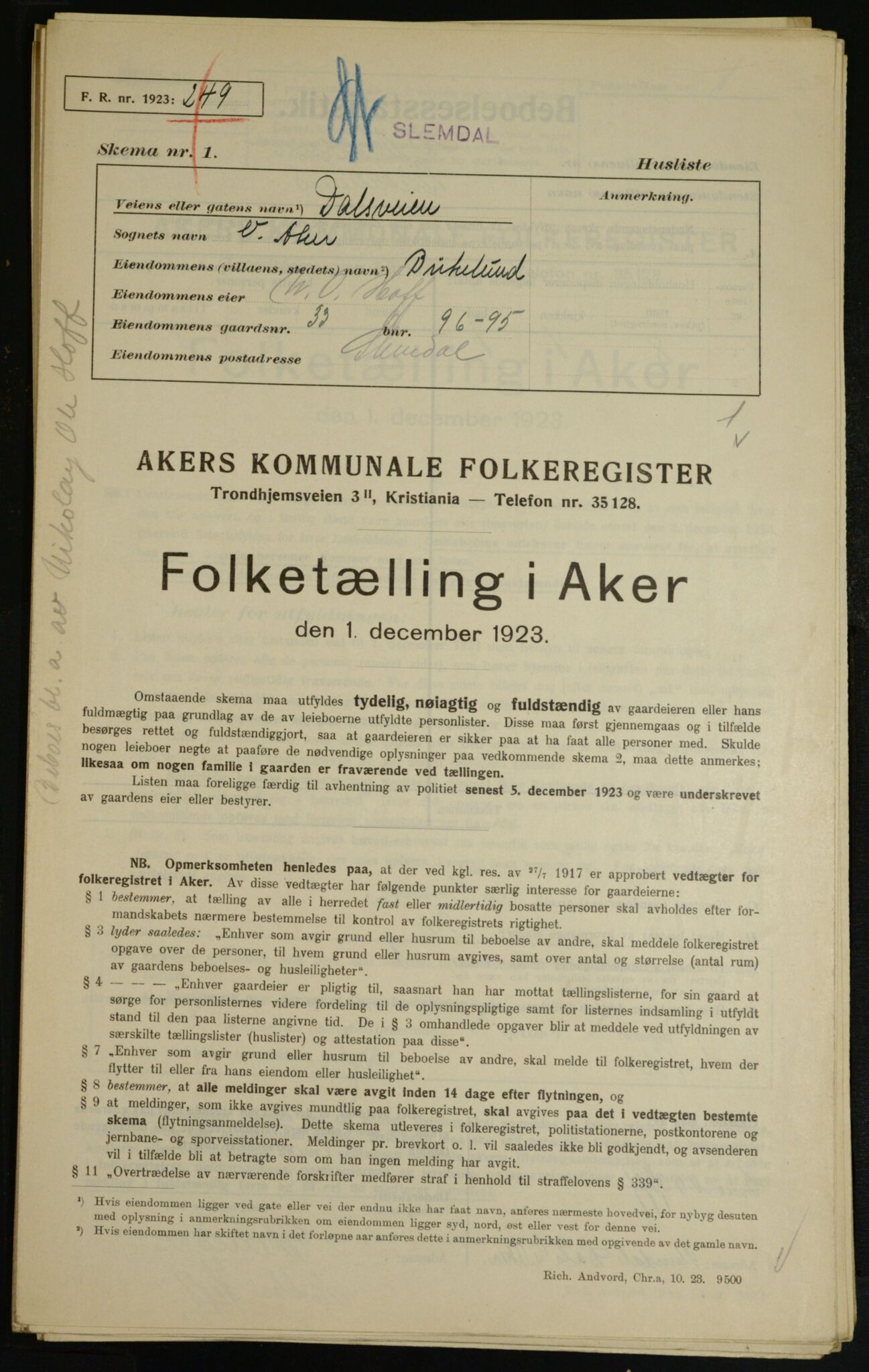 , Kommunal folketelling 1.12.1923 for Aker, 1923, s. 8858