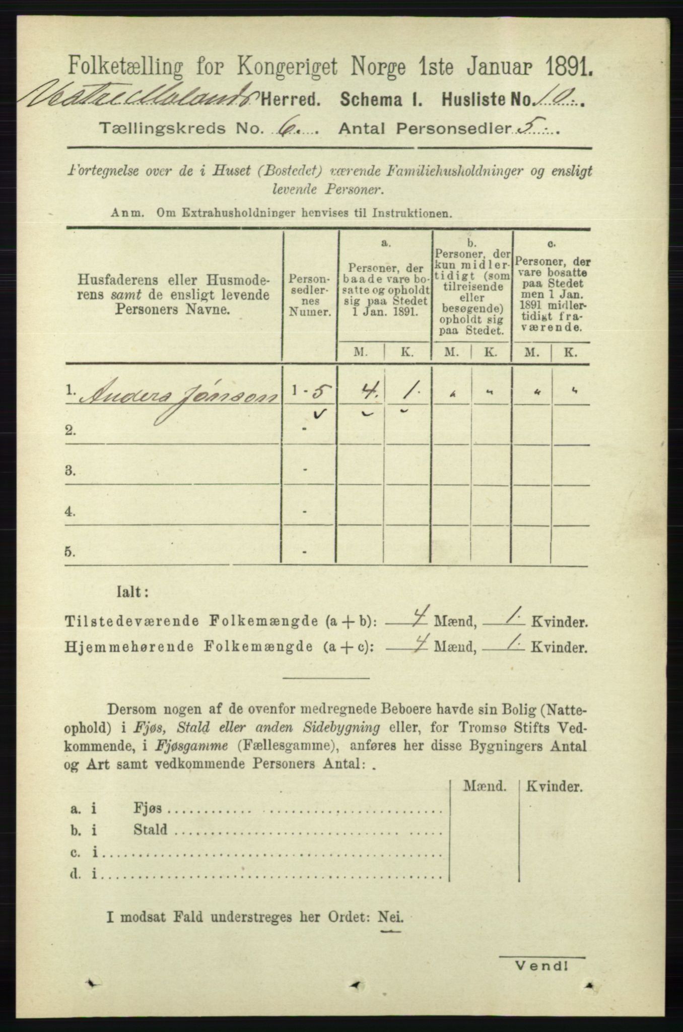 RA, Folketelling 1891 for 0926 Vestre Moland herred, 1891, s. 2279