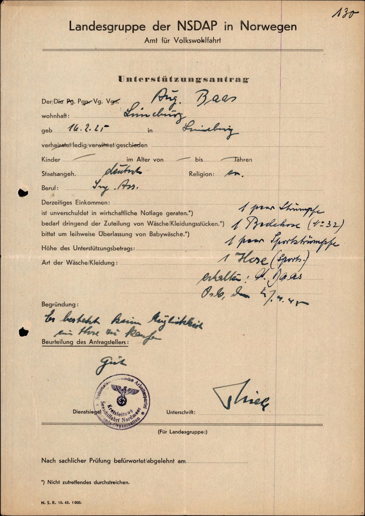 Forsvarets Overkommando. 2 kontor. Arkiv 11.4. Spredte tyske arkivsaker, AV/RA-RAFA-7031/D/Dar/Darb/L0015: Reichskommissariat - NSDAP in Norwegen, 1938-1945, s. 701