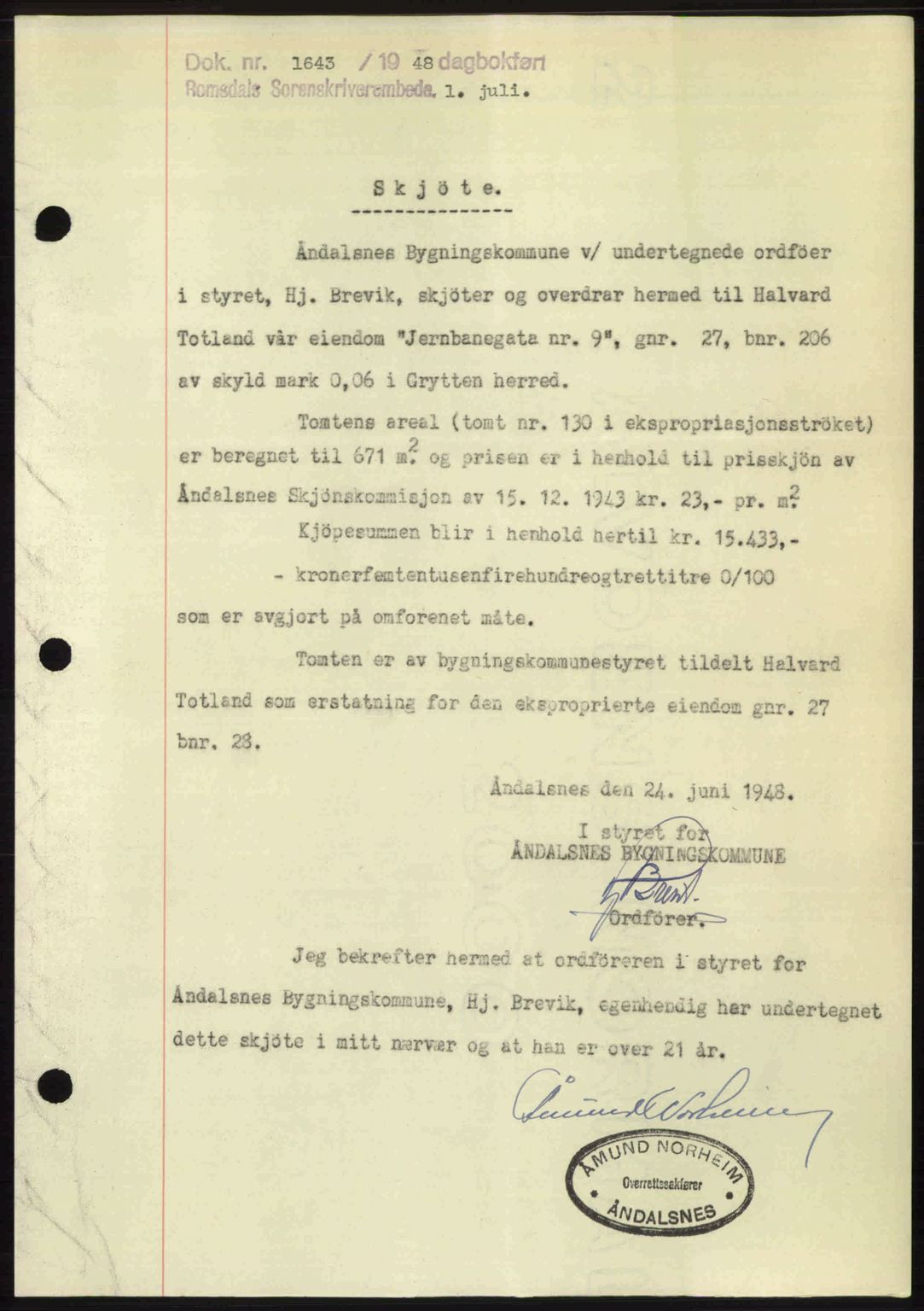 Romsdal sorenskriveri, SAT/A-4149/1/2/2C: Pantebok nr. A26, 1948-1948, Dagboknr: 1643/1948