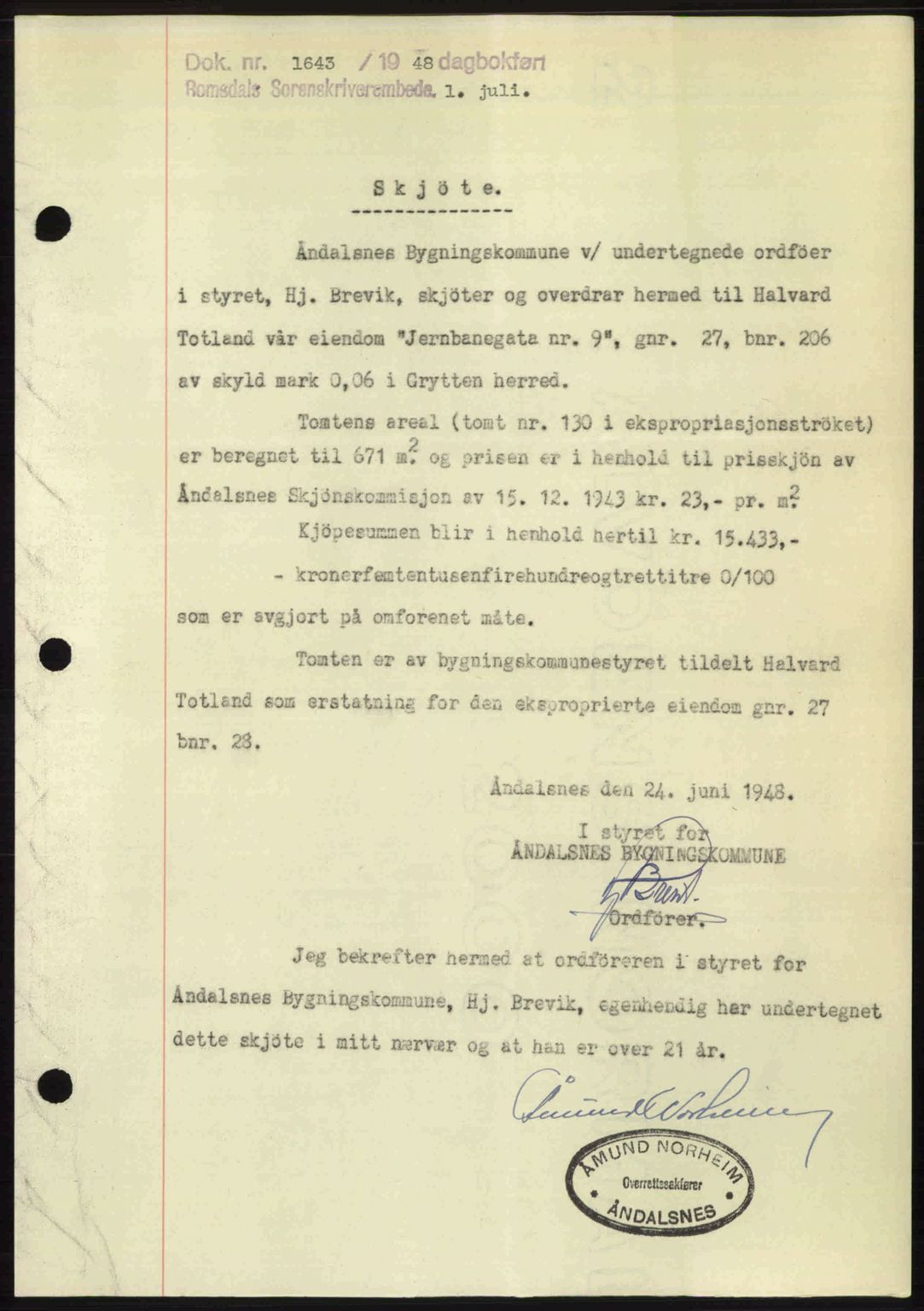 Romsdal sorenskriveri, AV/SAT-A-4149/1/2/2C: Pantebok nr. A26, 1948-1948, Dagboknr: 1643/1948