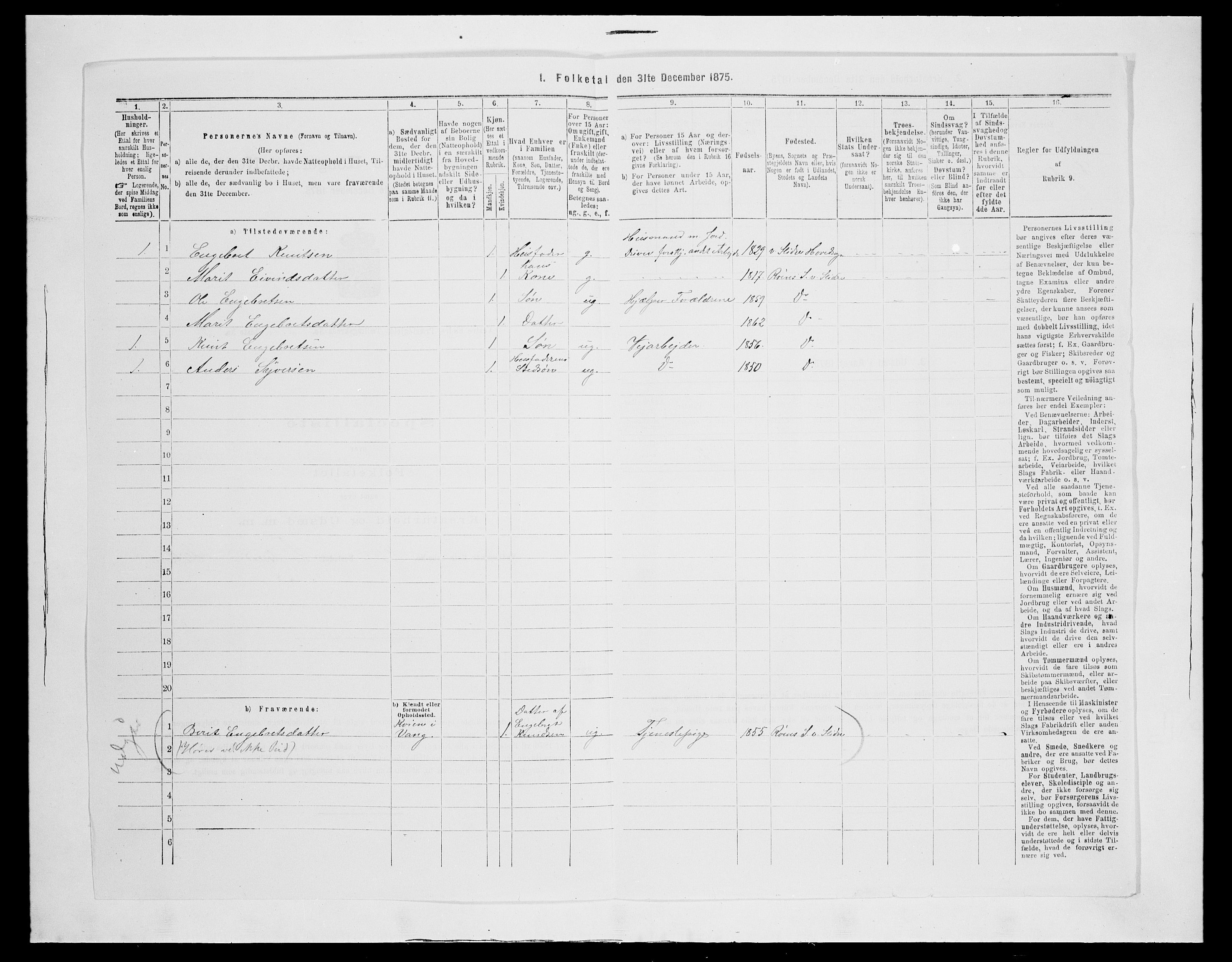 SAH, Folketelling 1875 for 0543P Vestre Slidre prestegjeld, 1875, s. 883