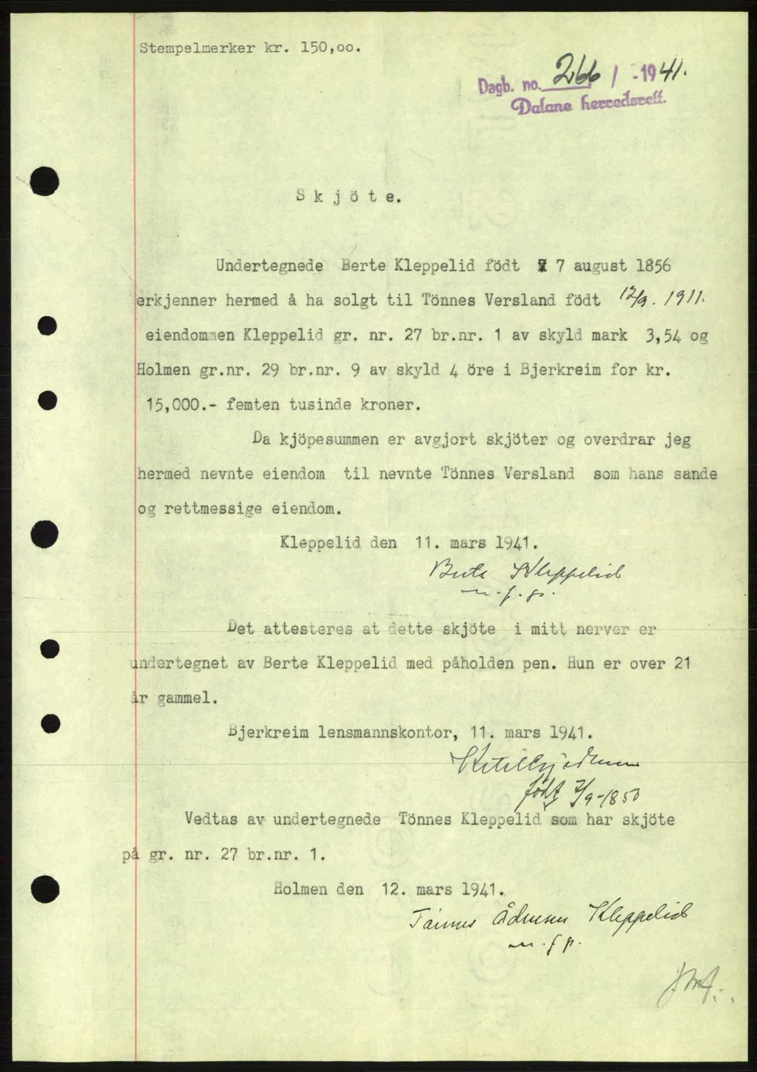 Dalane sorenskriveri, SAST/A-100309/02/G/Gb/L0044: Pantebok nr. A5, 1940-1941, Dagboknr: 266/1941