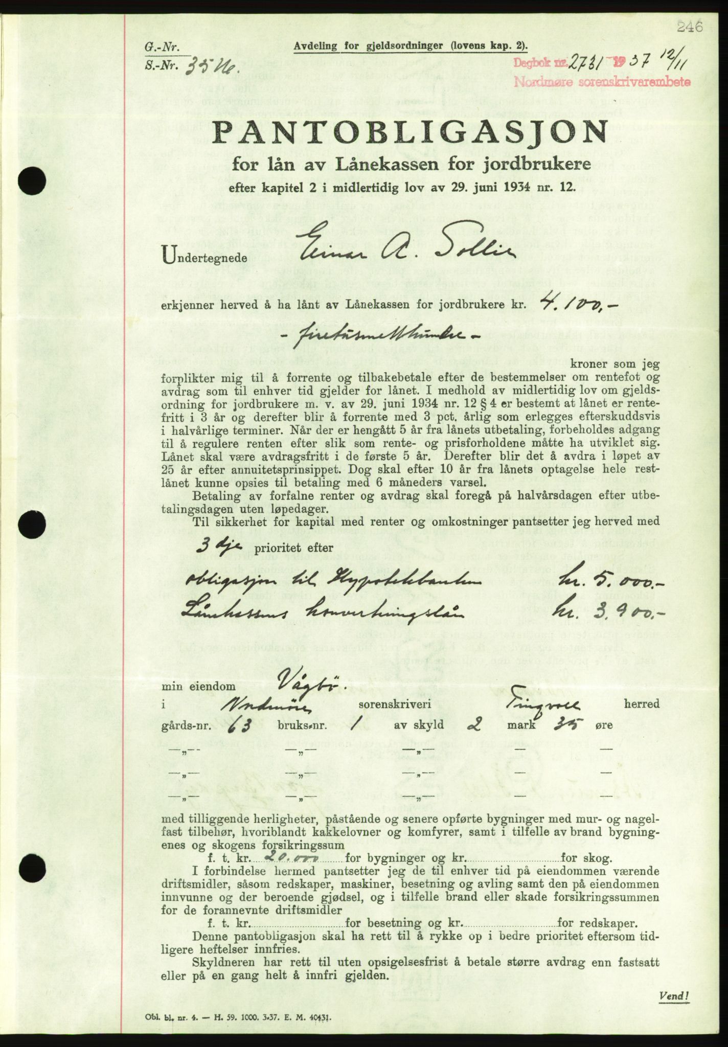 Nordmøre sorenskriveri, AV/SAT-A-4132/1/2/2Ca/L0092: Pantebok nr. B82, 1937-1938, Dagboknr: 2731/1937