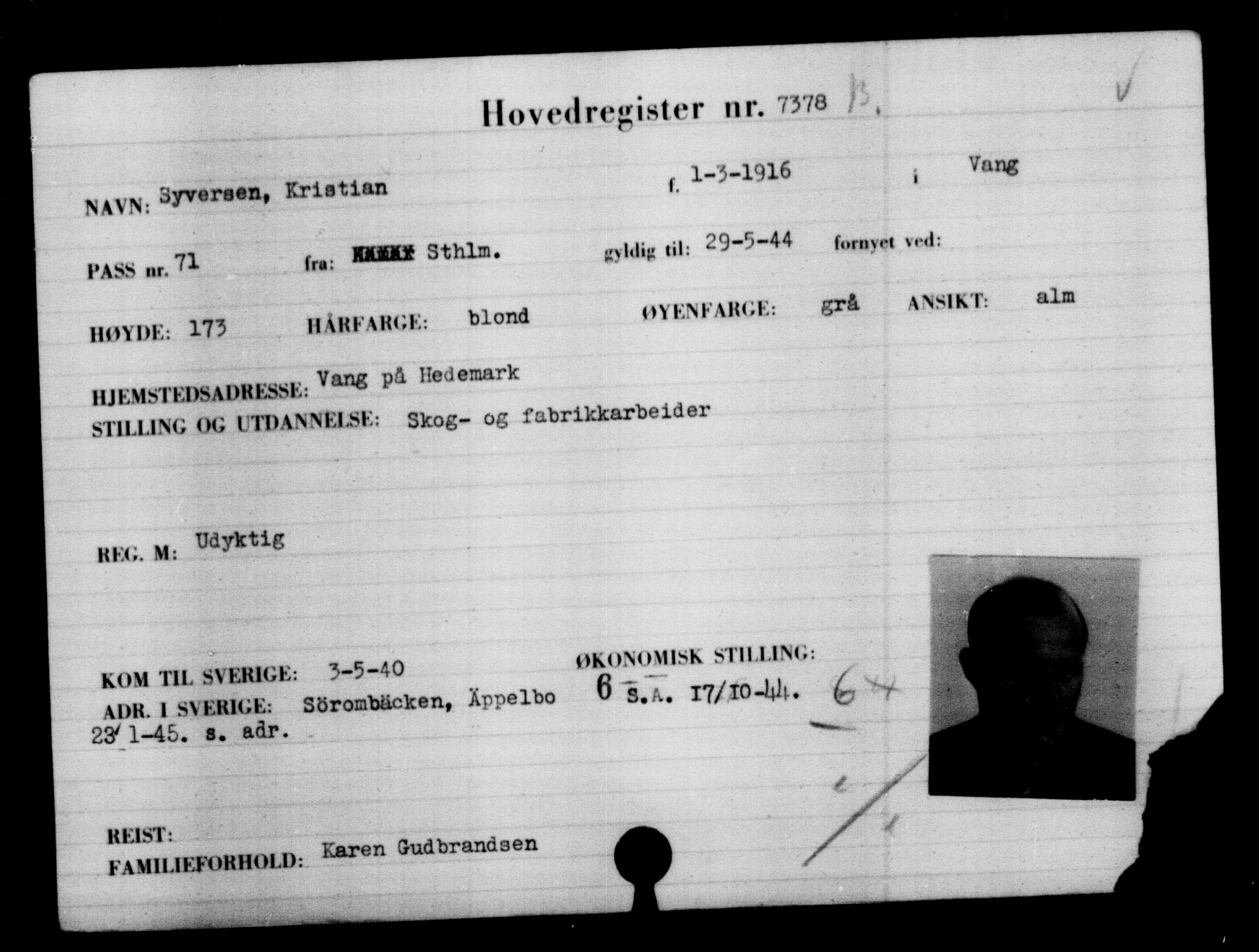 Utenriksstasjonene, Legasjonen i Stockholm, Flyktningkontoret, AV/RA-S-6753/V/Va/L0005: Kjesäterkartoteket, flyktning nr. 6600-9417, 1940-1945, s. 915