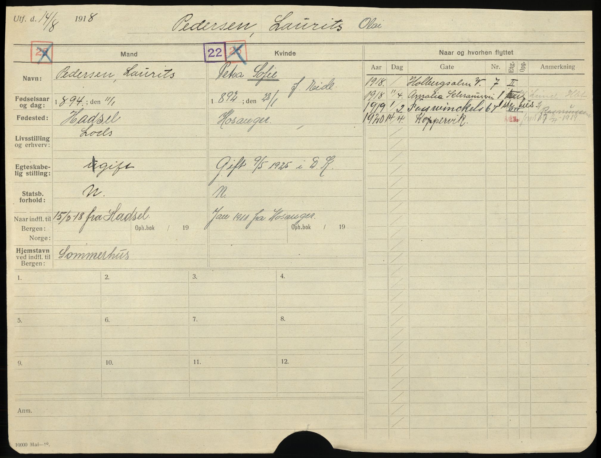 Bergen folkeregister, AV/SAB-A-17201/I/Ia/L0025: Utflyttet 1912 - 1920, Pedersen, L. - Ravnestad, 1912-1920