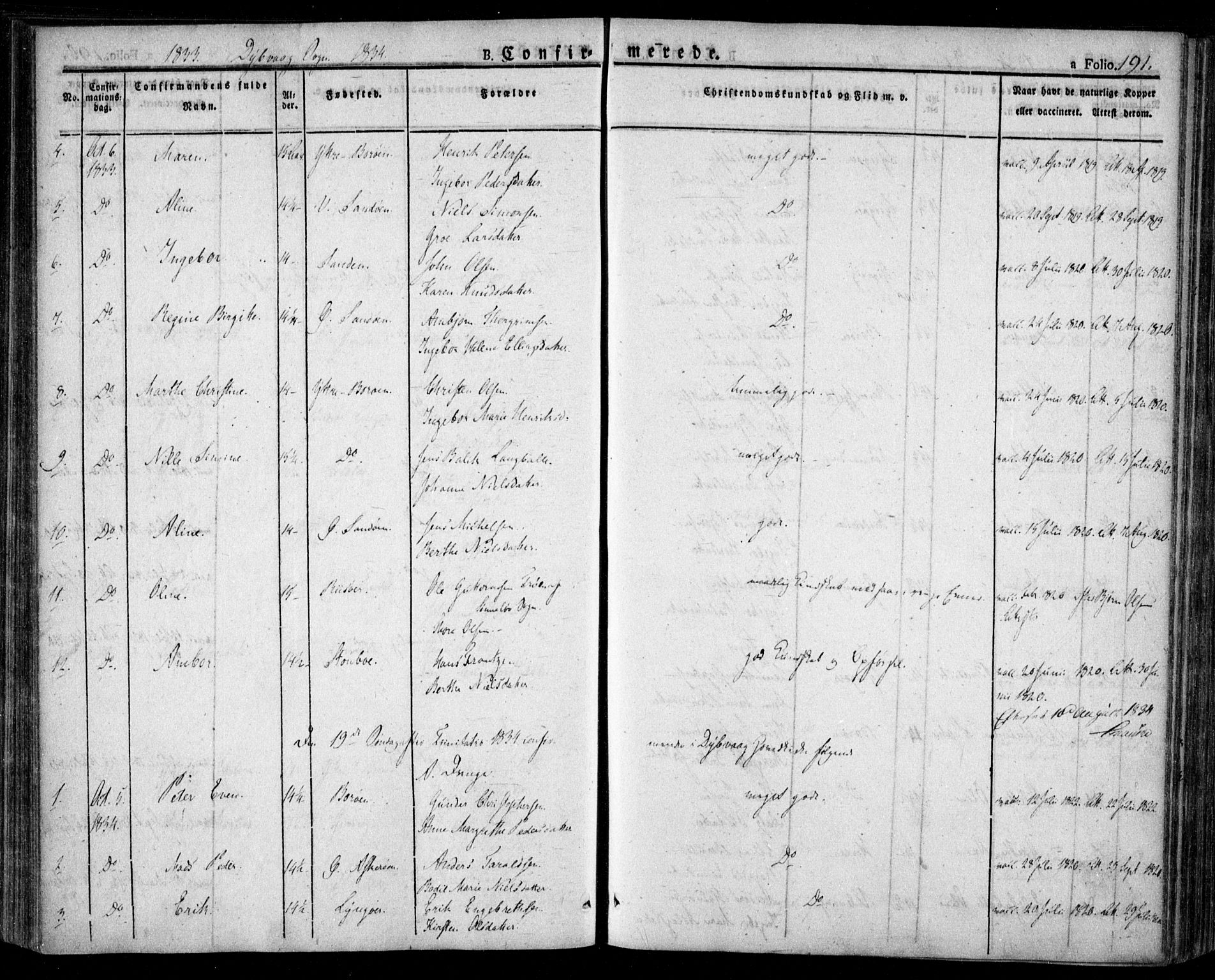 Dypvåg sokneprestkontor, AV/SAK-1111-0007/F/Fa/Faa/L0004: Ministerialbok nr. A 4, 1824-1840, s. 191