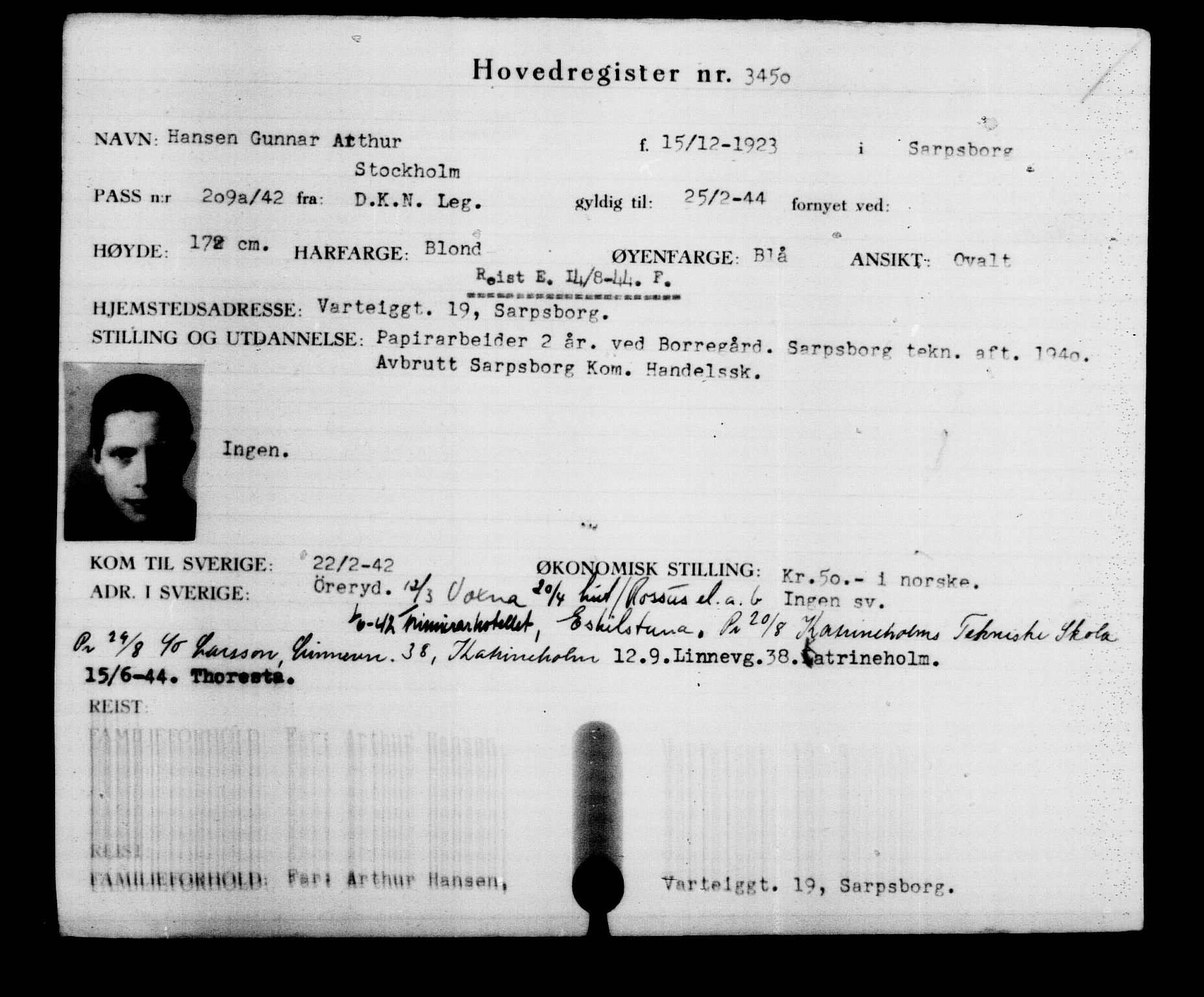 Utenriksstasjonene, Legasjonen i Stockholm, Flyktningkontoret, AV/RA-S-6753/V/Va/L0003: Kjesäterkartoteket, flyktninger med registreringsnr. 2001-3495, 1940-1945, s. 1959