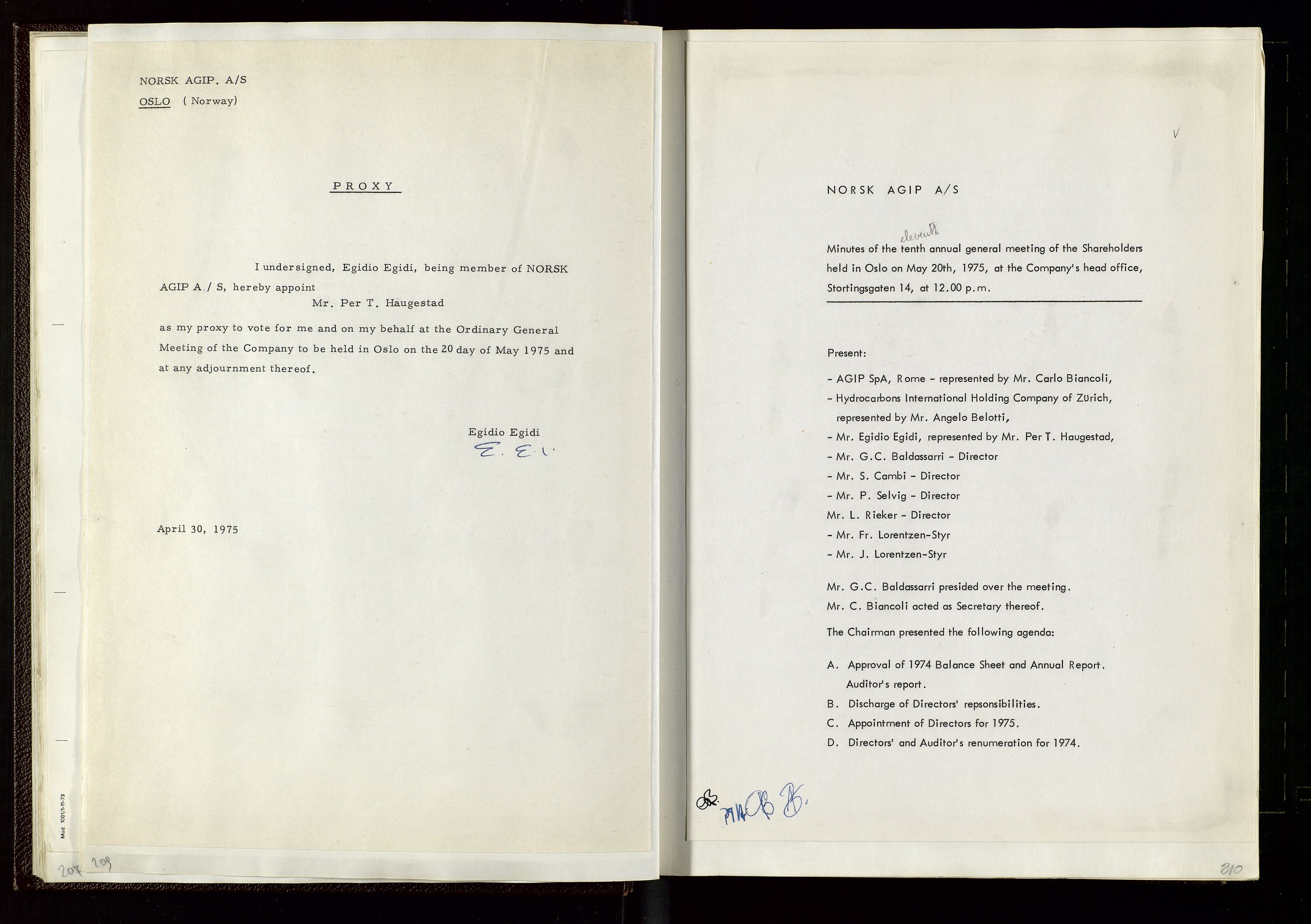 Pa 1583 - Norsk Agip AS, AV/SAST-A-102138/A/Aa/L0002: General assembly and Board of Directors meeting minutes, 1972-1979, s. 209-210