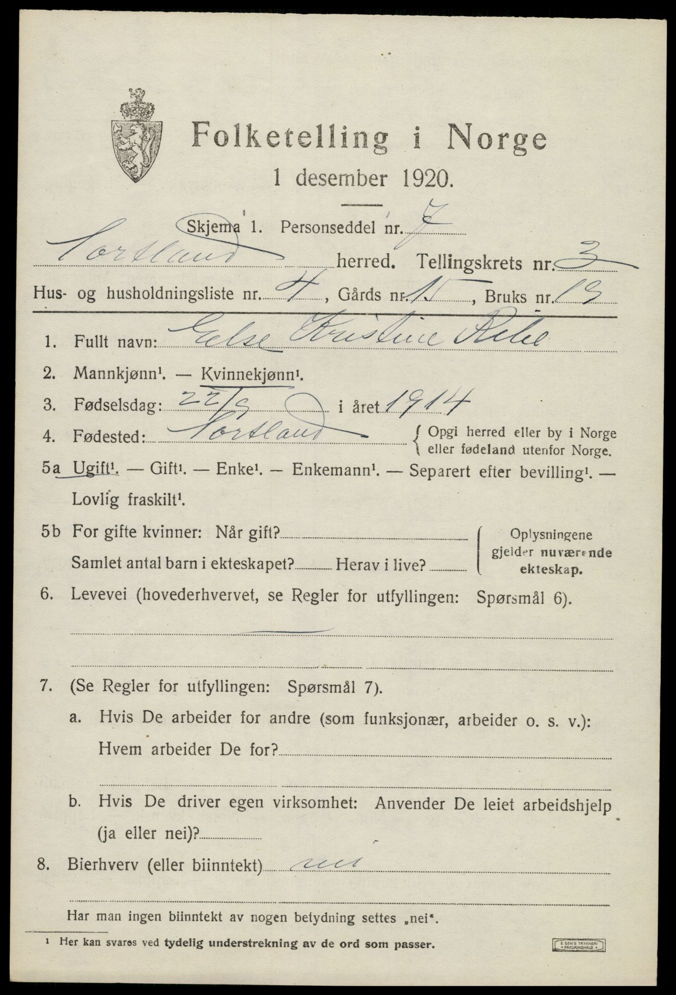 SAT, Folketelling 1920 for 1870 Sortland herred, 1920, s. 3658