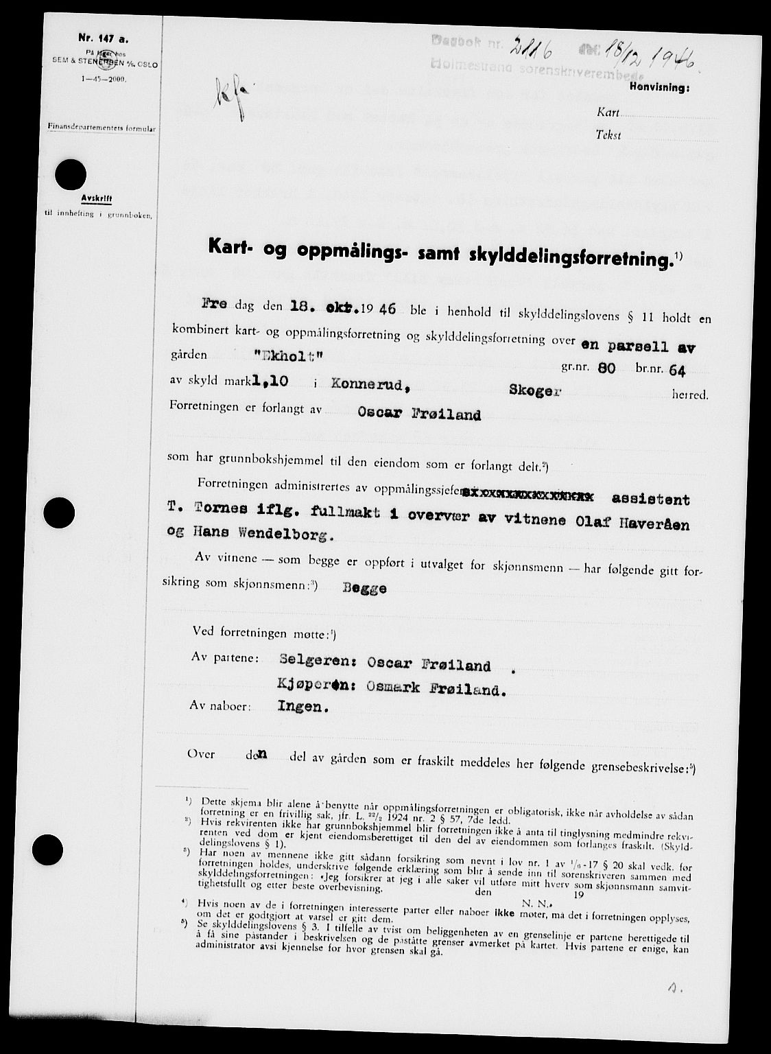 Holmestrand sorenskriveri, SAKO/A-67/G/Ga/Gaa/L0061: Pantebok nr. A-61, 1946-1947, Dagboknr: 2116/1946