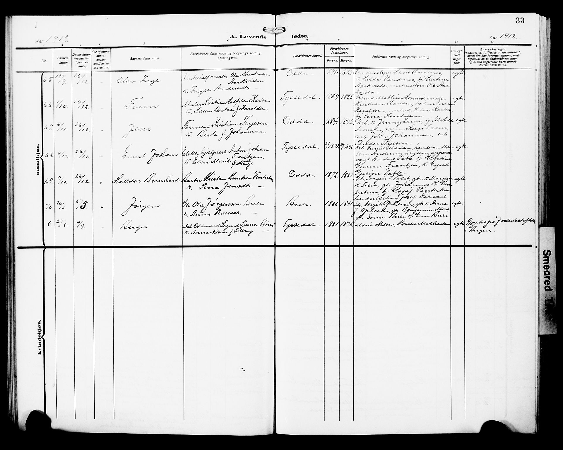 Odda Sokneprestembete, AV/SAB-A-77201/H/Hab: Klokkerbok nr. A 8, 1910-1923, s. 33