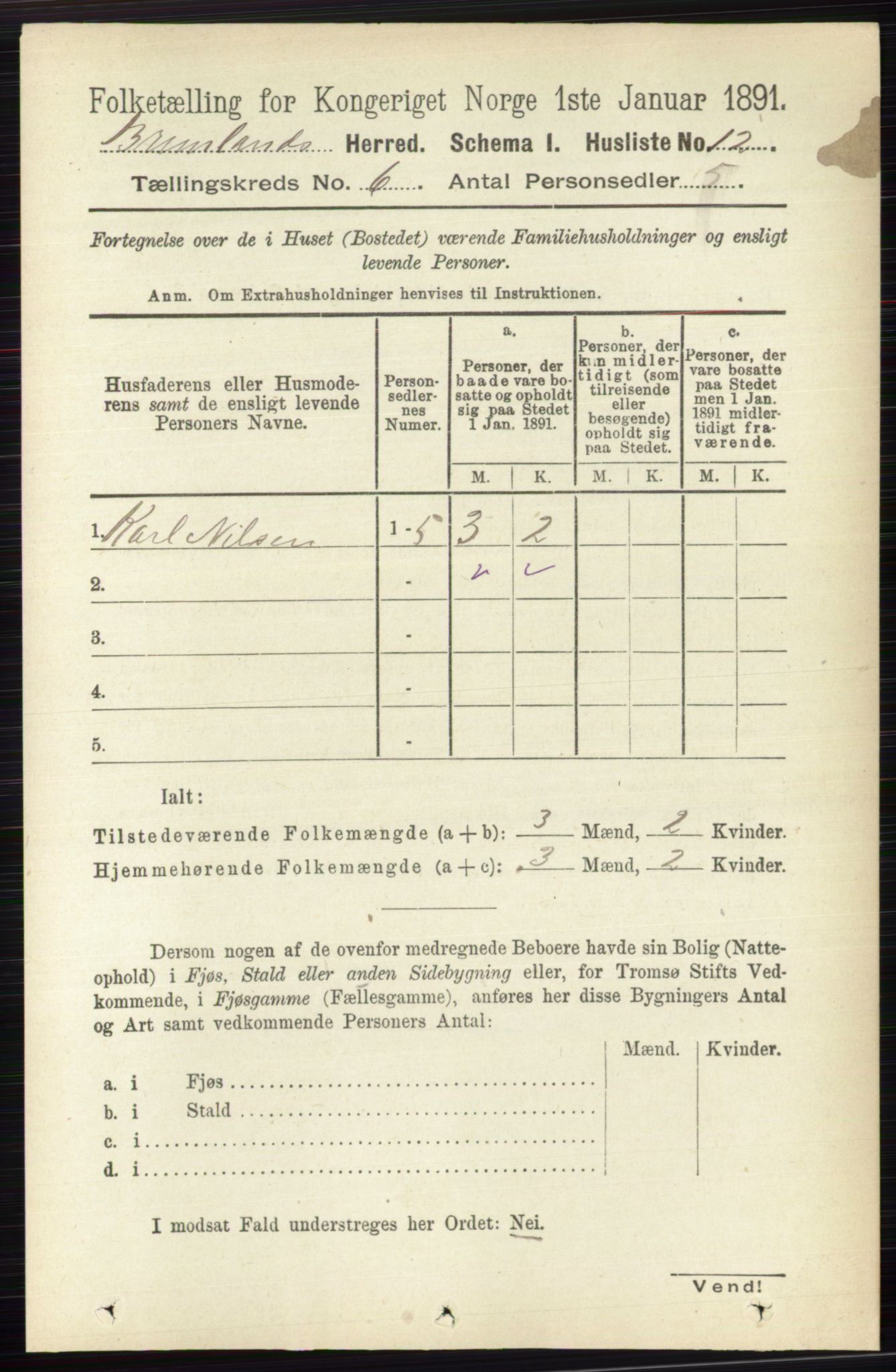 RA, Folketelling 1891 for 0726 Brunlanes herred, 1891, s. 2585