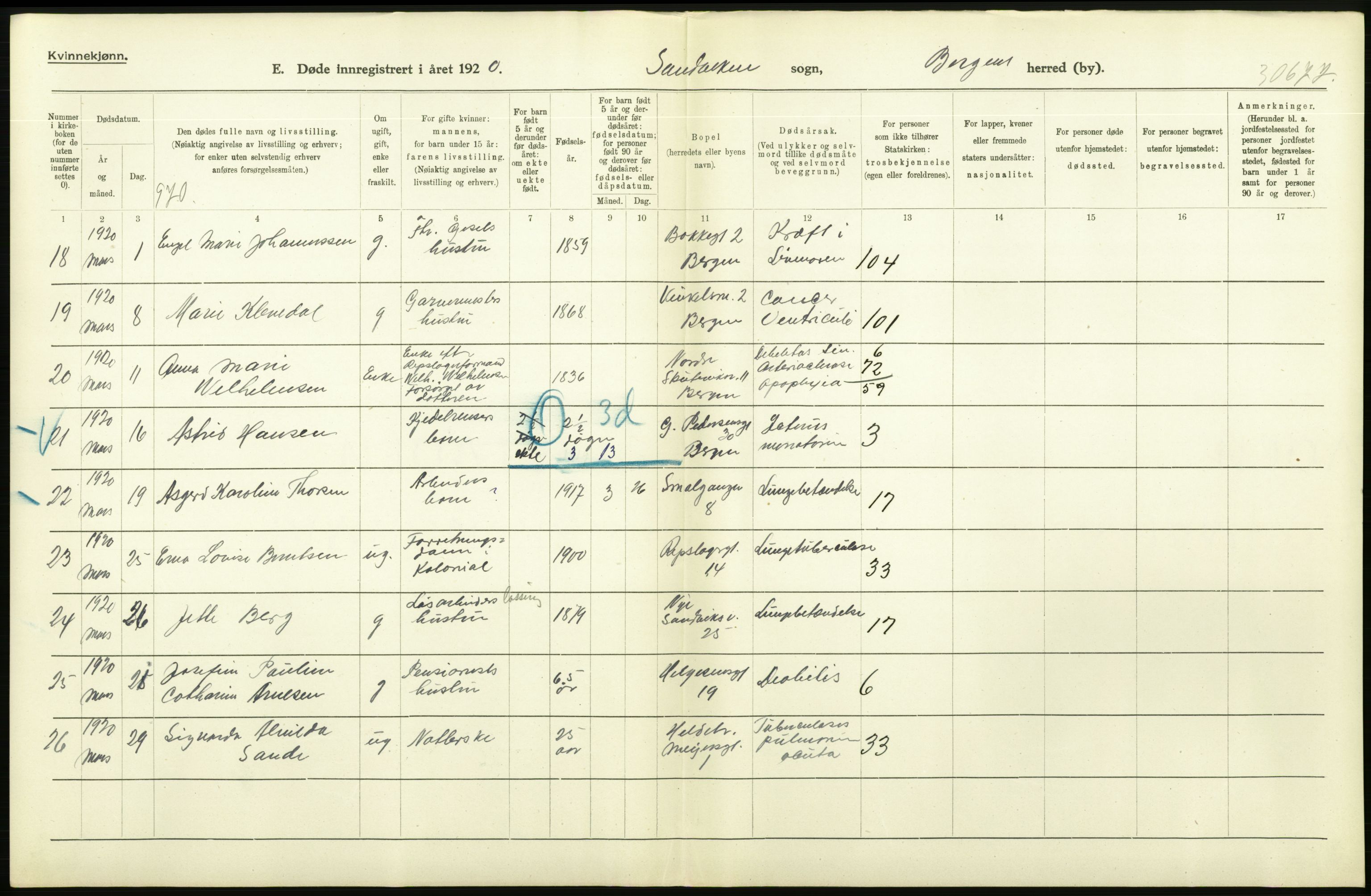 Statistisk sentralbyrå, Sosiodemografiske emner, Befolkning, AV/RA-S-2228/D/Df/Dfb/Dfbj/L0042: Bergen: Gifte, døde, dødfødte., 1920, s. 496