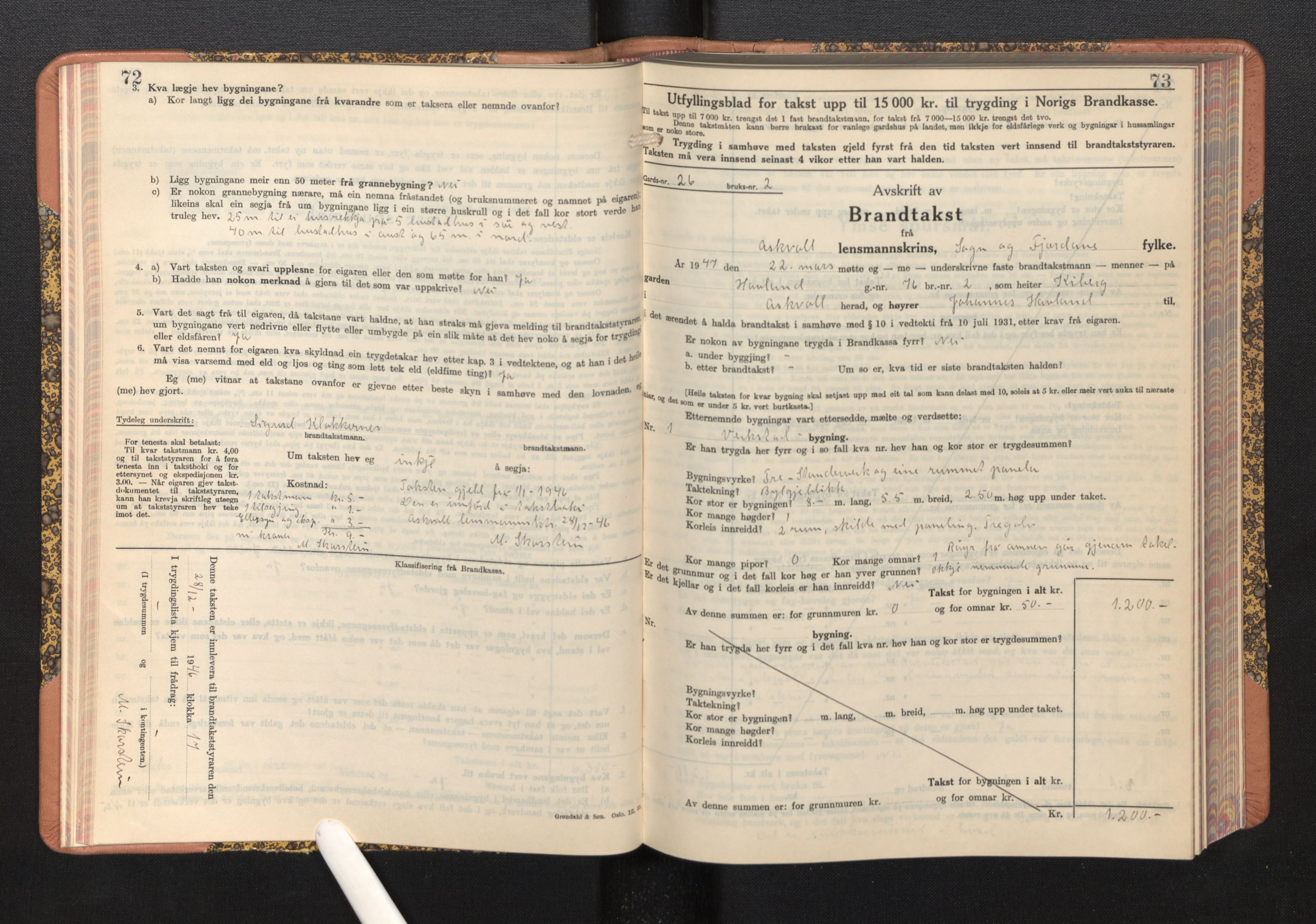 Lensmannen i Askvoll, AV/SAB-A-26301/0012/L0005: Branntakstprotokoll, skjematakst, 1940-1949, s. 72-73