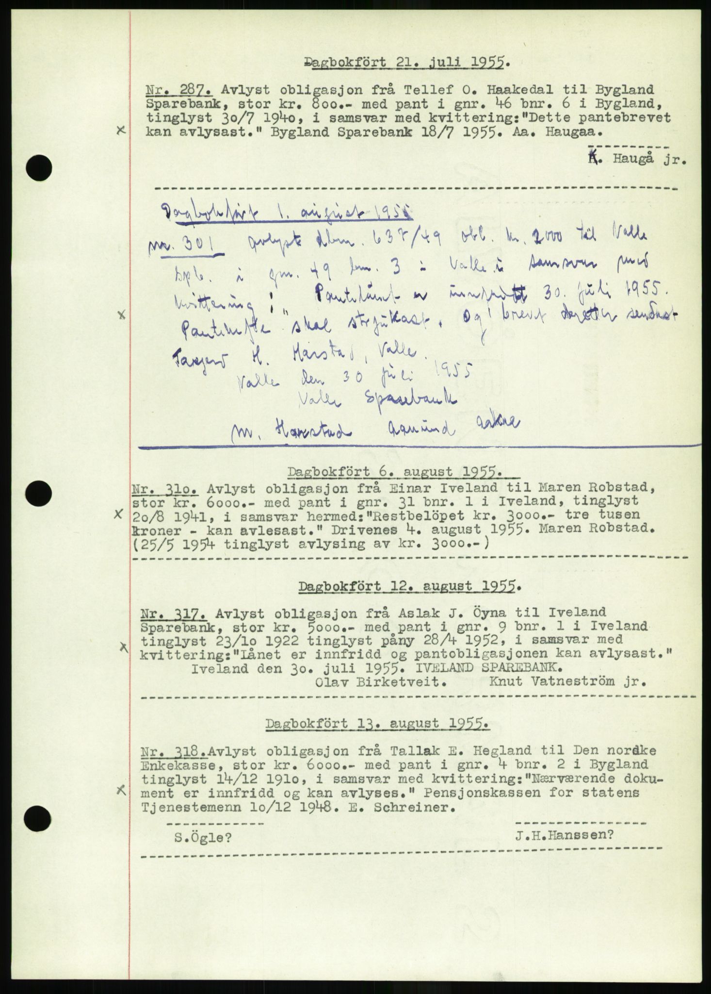 Setesdal sorenskriveri, SAK/1221-0011/G/Gb/L0052: Pantebok nr. B 40, 1954-1955, Dagboknr: 287/1955