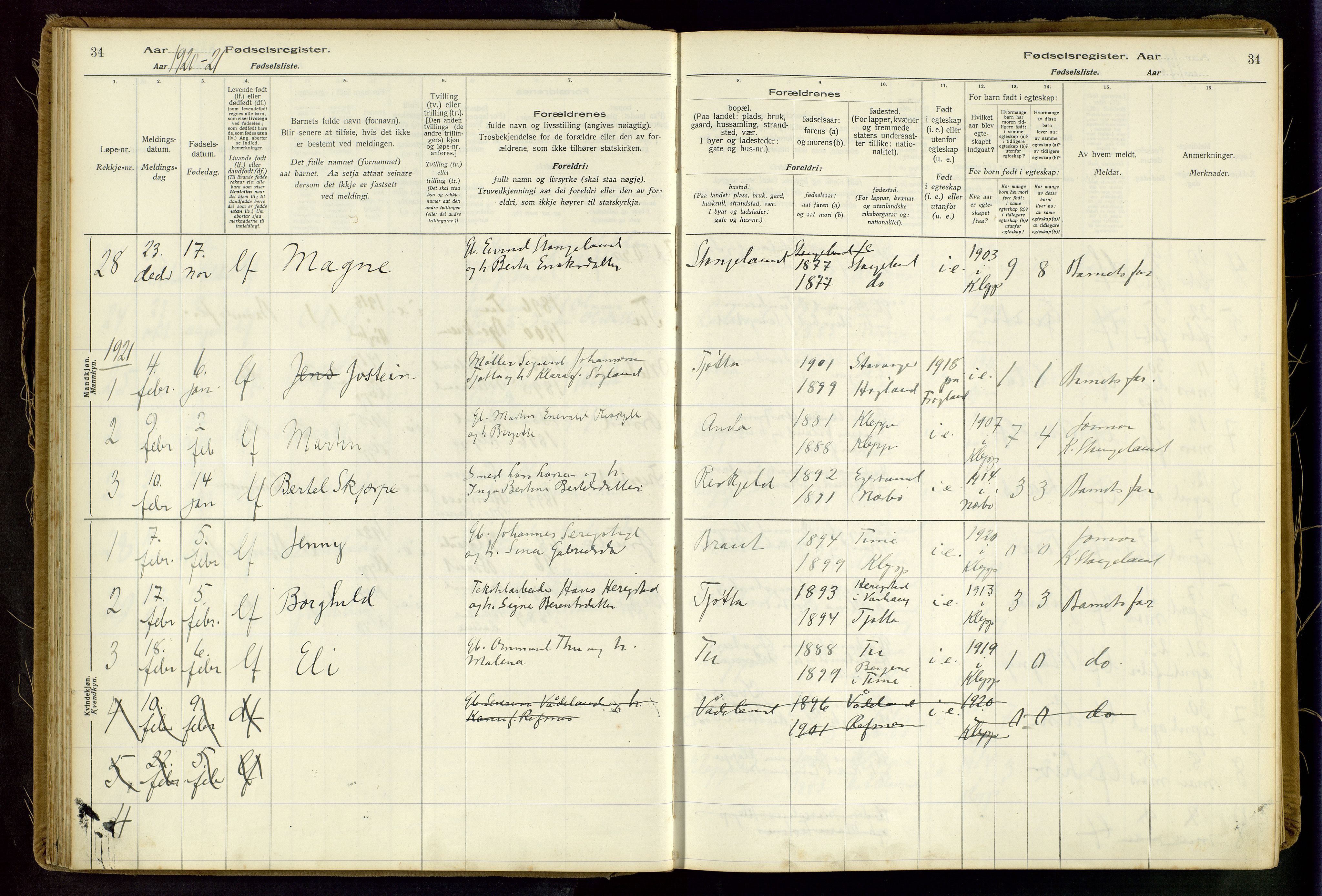 Klepp sokneprestkontor, AV/SAST-A-101803/001/704BAA/L0001: Fødselsregister nr. 1, 1916-1948, s. 34