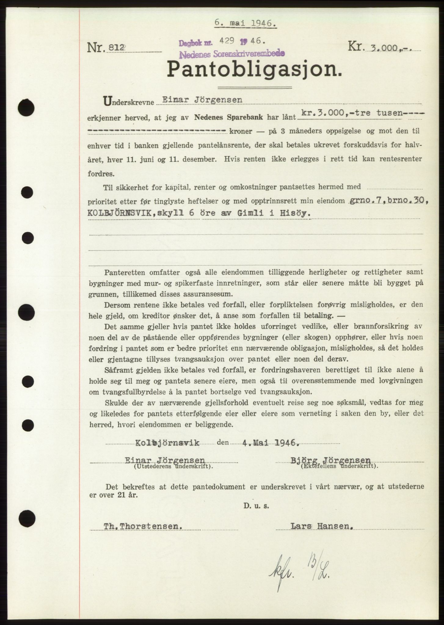 Nedenes sorenskriveri, AV/SAK-1221-0006/G/Gb/Gbb/L0003: Pantebok nr. B3b, 1946-1946, Dagboknr: 429/1946