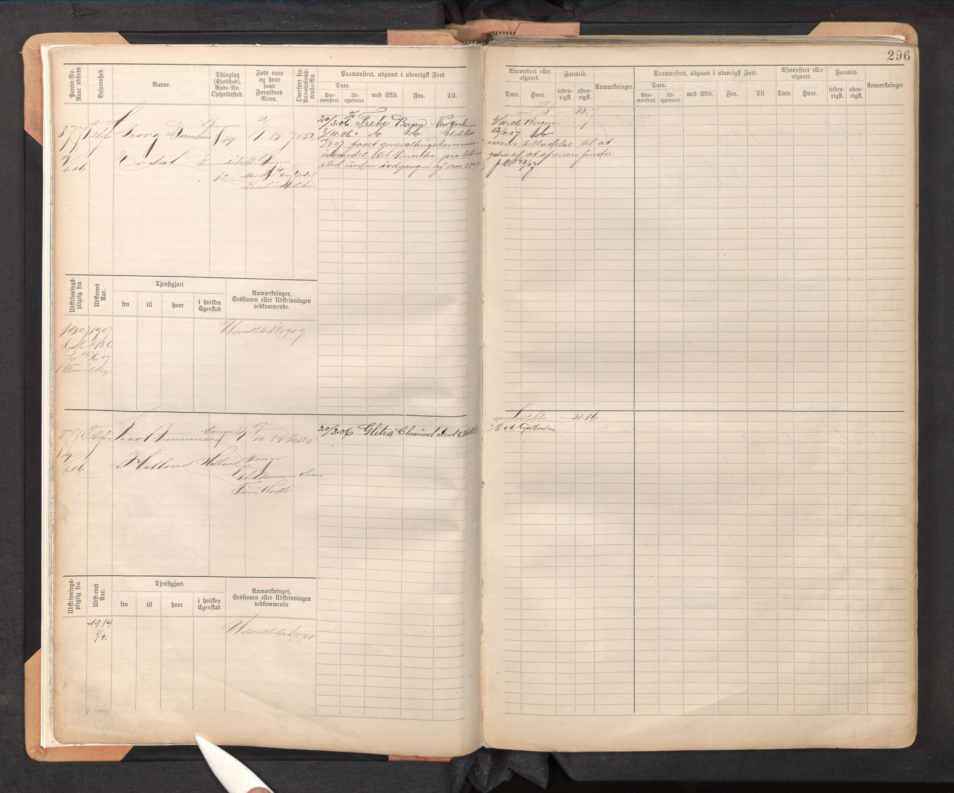Innrulleringssjefen i Bergen, AV/SAB-A-100050/F/Fc/L0014: Sjøfartshovedrulle, nr. 8767 - 9346, 1900-1910, s. 296