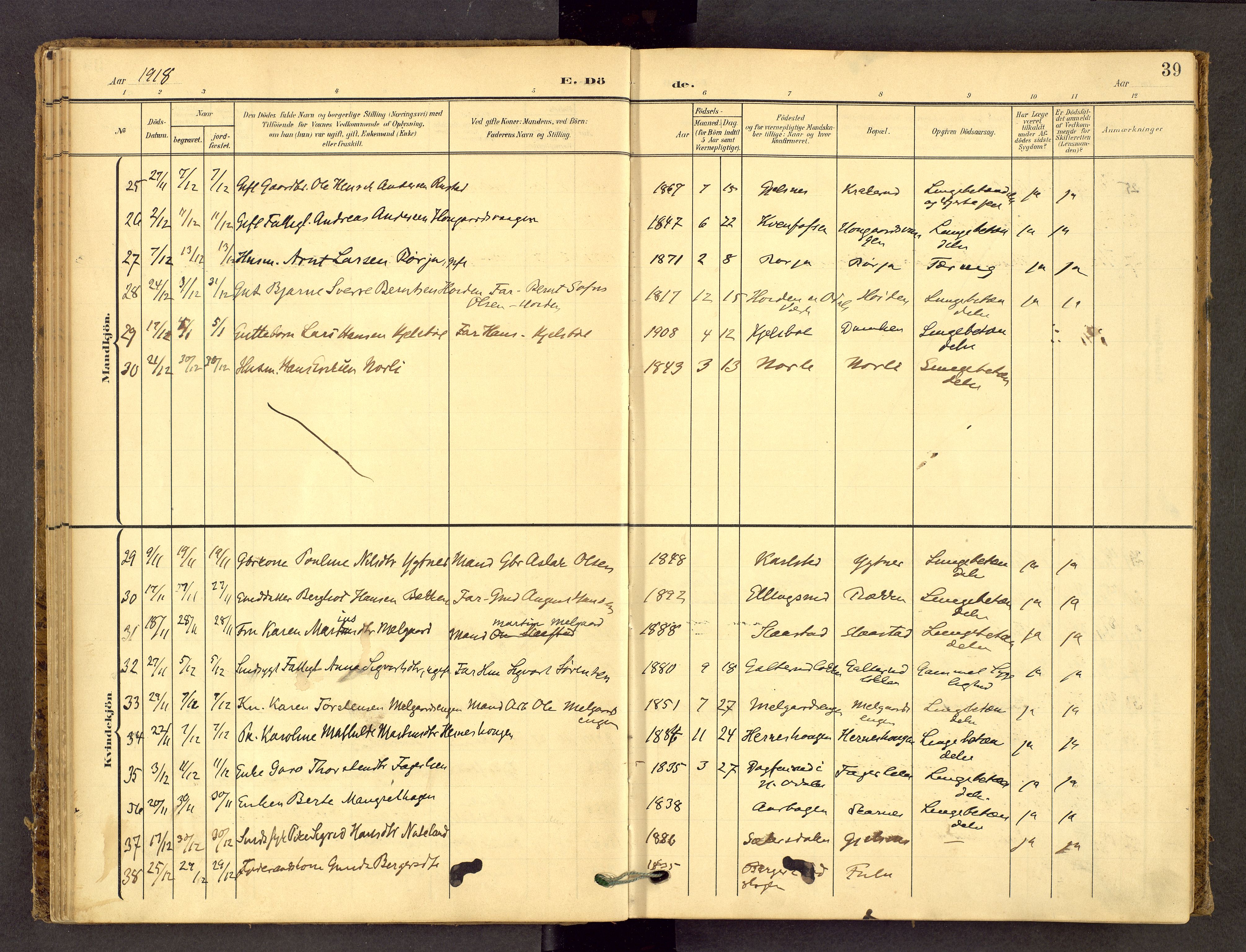 Sør-Odal prestekontor, AV/SAH-PREST-030/H/Ha/Haa/L0010: Ministerialbok nr. 10, 1907-1968, s. 39