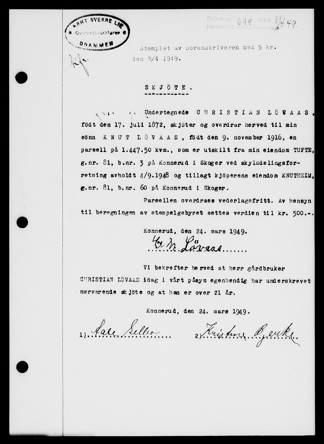 Holmestrand sorenskriveri, SAKO/A-67/G/Ga/Gaa/L0066: Pantebok nr. A-66, 1949-1949, Dagboknr: 698/1949